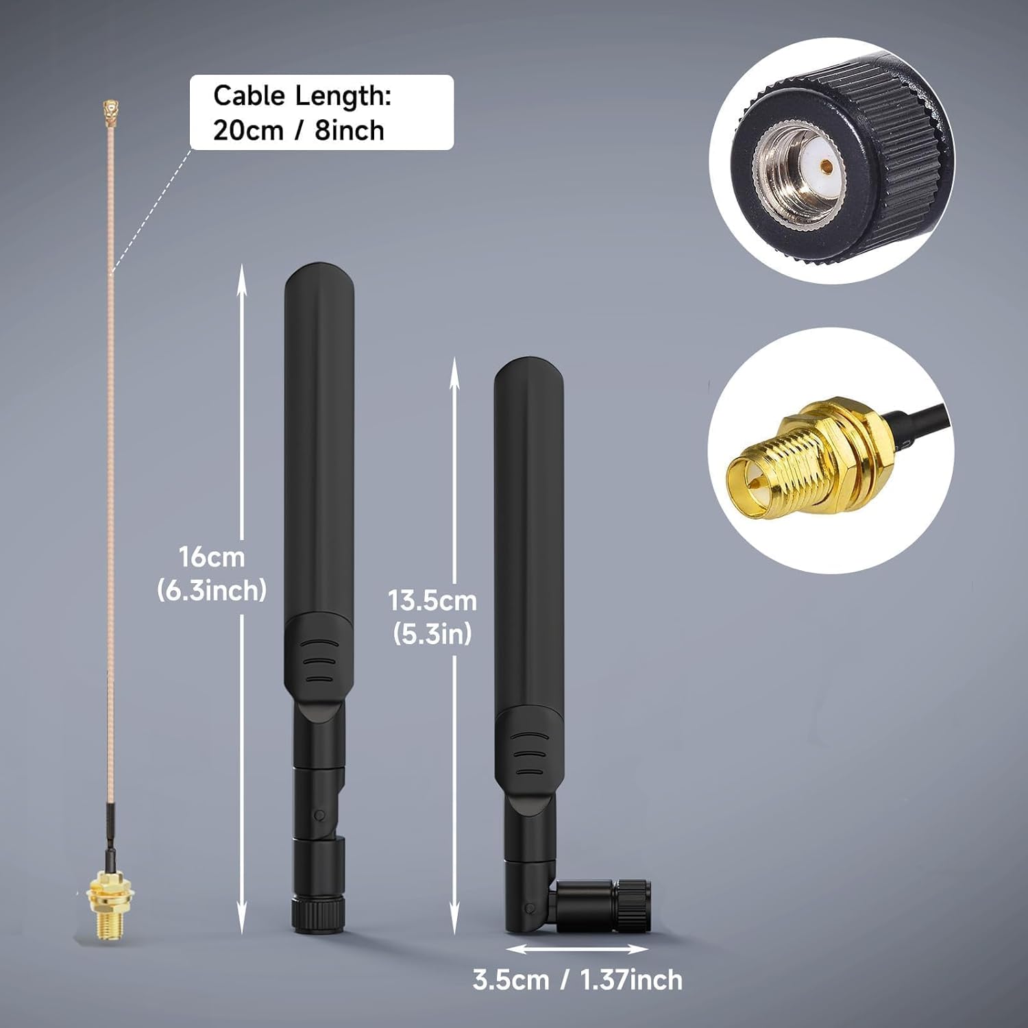 Product dimensions highlighting the extra-tall 8dBi antenna height (approx 16cm) and 20cm (8 inch) cable length