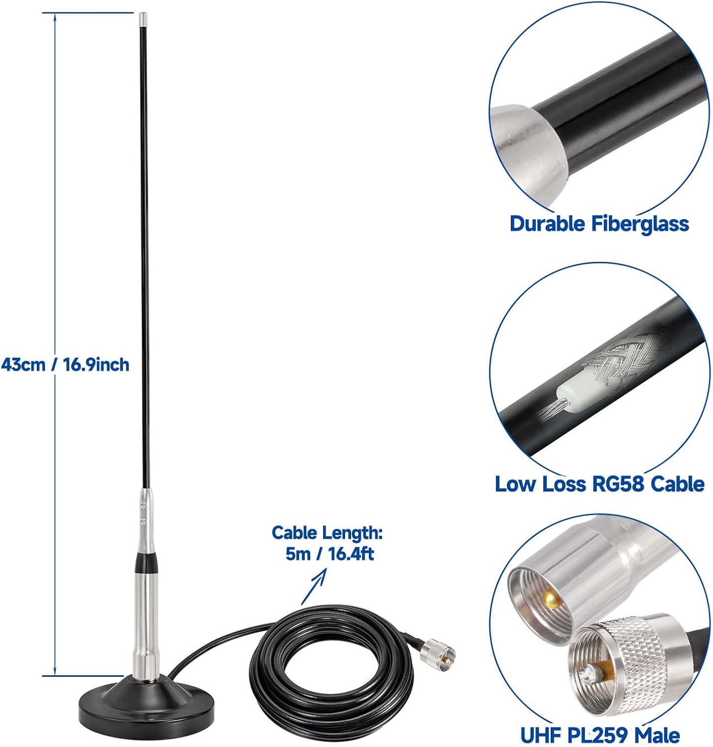 Product dimensions highlighting the fiberglass antenna height, magnetic base diameter, and the 16.4ft (5m) cable length