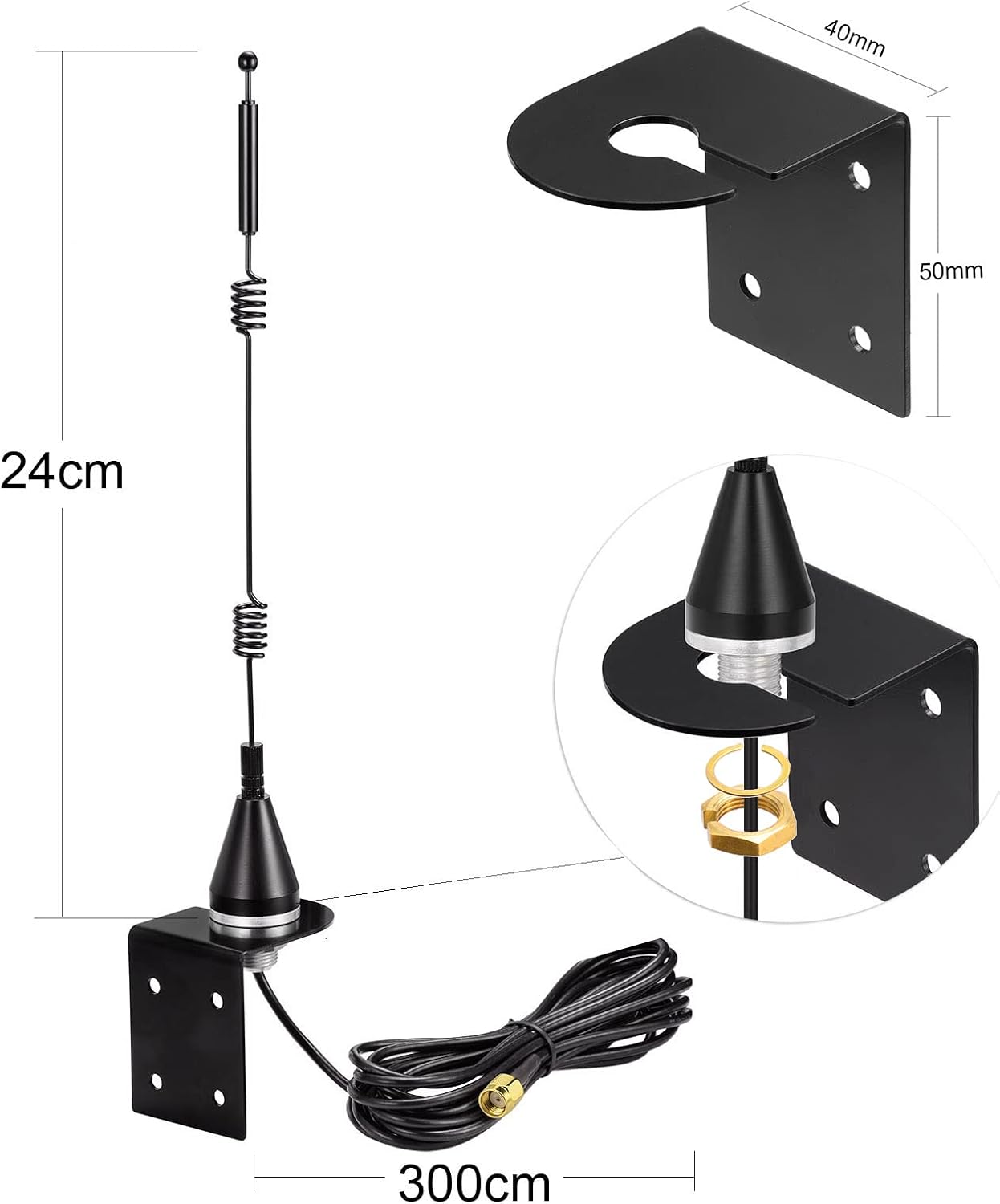 Product dimensions showing the 10ft (3m) cable length, antenna height, and screw-hole spacing for the bracket