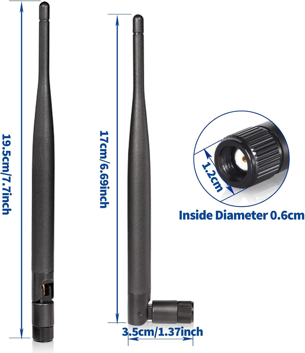 Product dimensions showing the 19cm (7.48 inch) antenna length, balancing performance and aesthetics