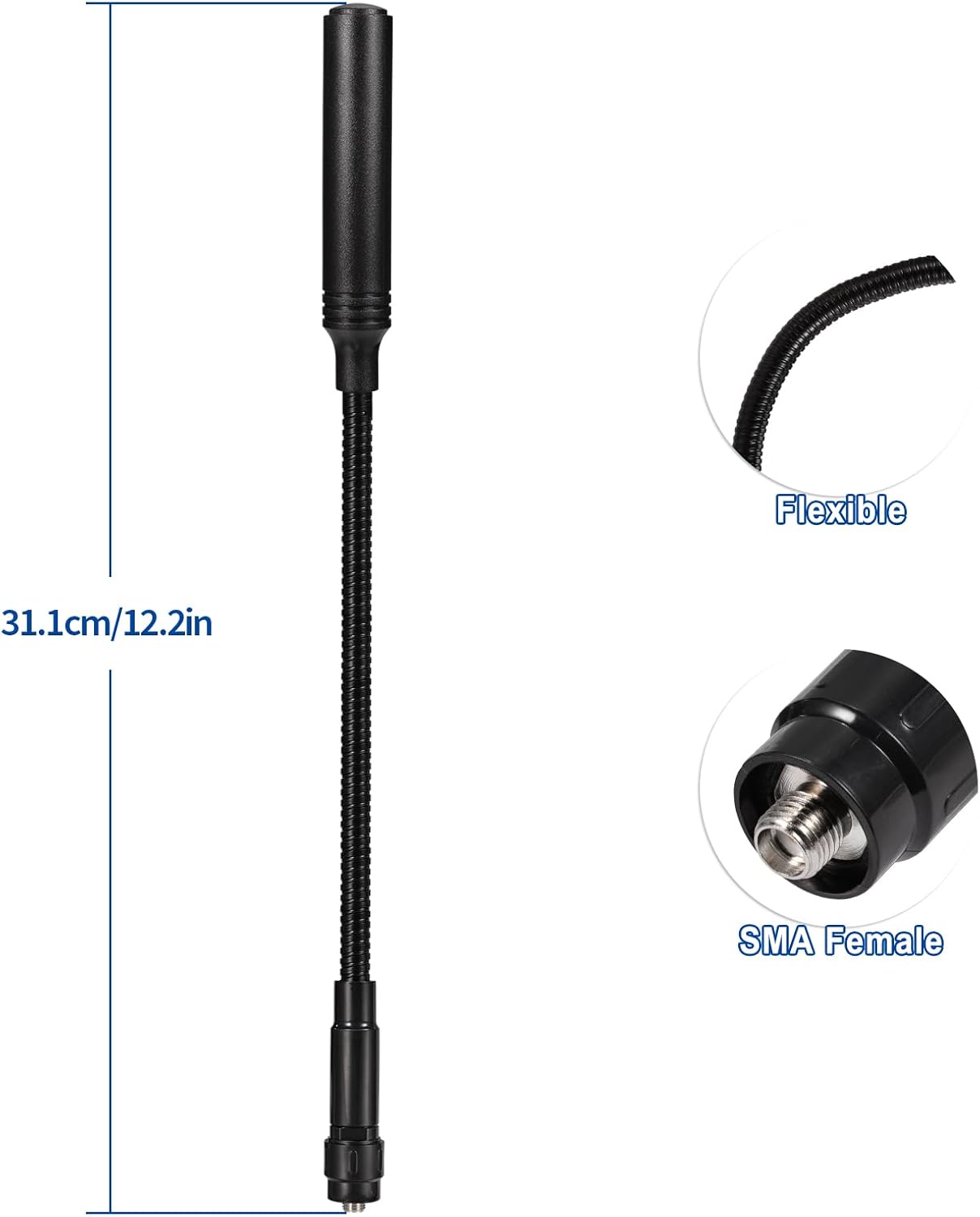 Product dimensions showing the 31.1cm (12.2 inch) total length, the perfect balance of range and portability