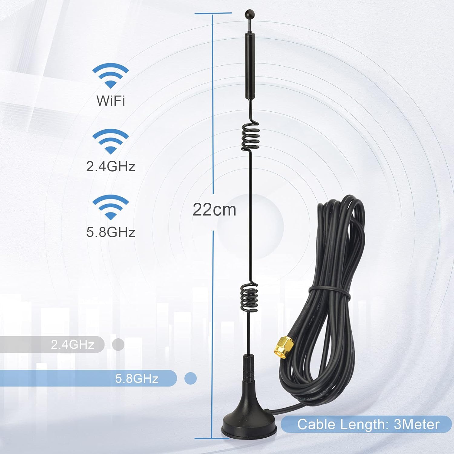 Product dimensions showing the 39cm (15.35 inch) antenna height and the 3m (10ft) RG174 extension cable
