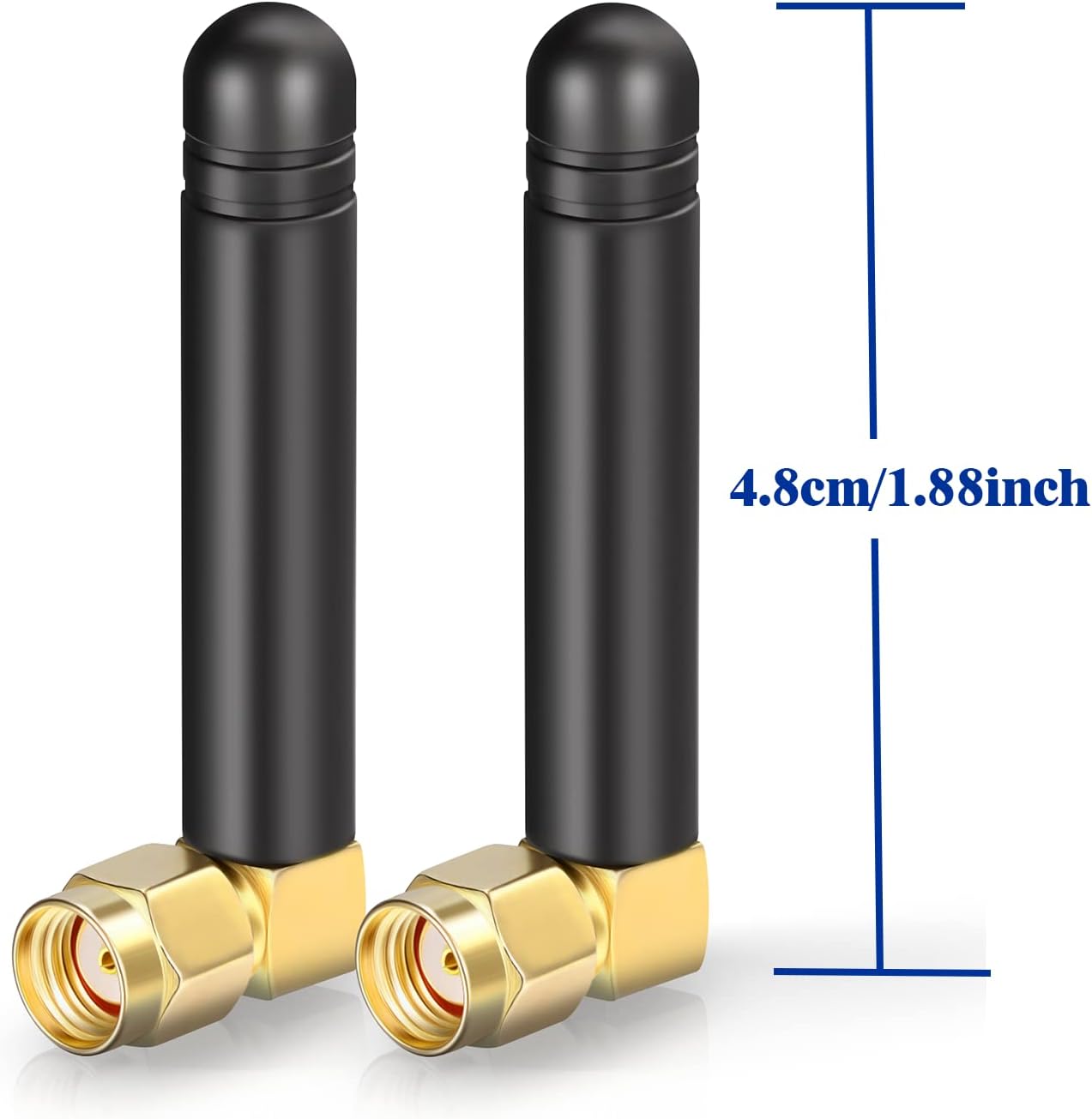 Product dimensions showing the ultra-short length and the 90-degree bend clearance, ideal for stealthy setups