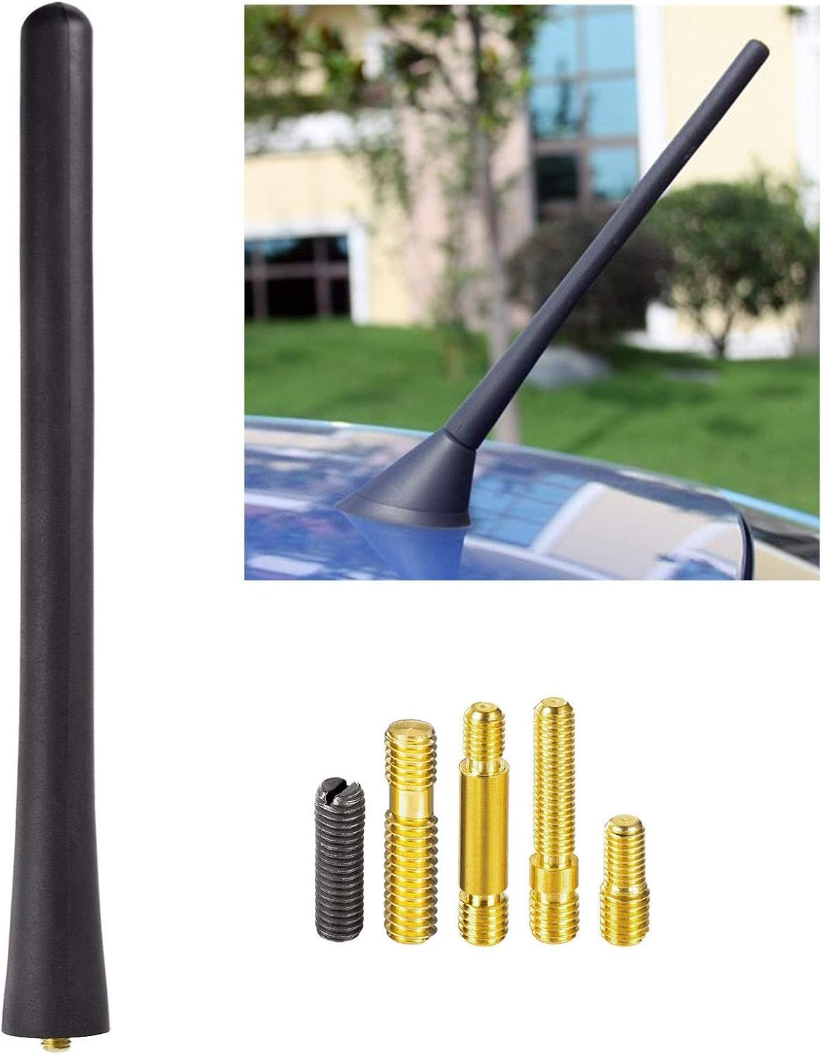 Quick installation guide: selecting the correct screw adapter and hand-tightening the 16cm antenna onto the vehicle's roof base
