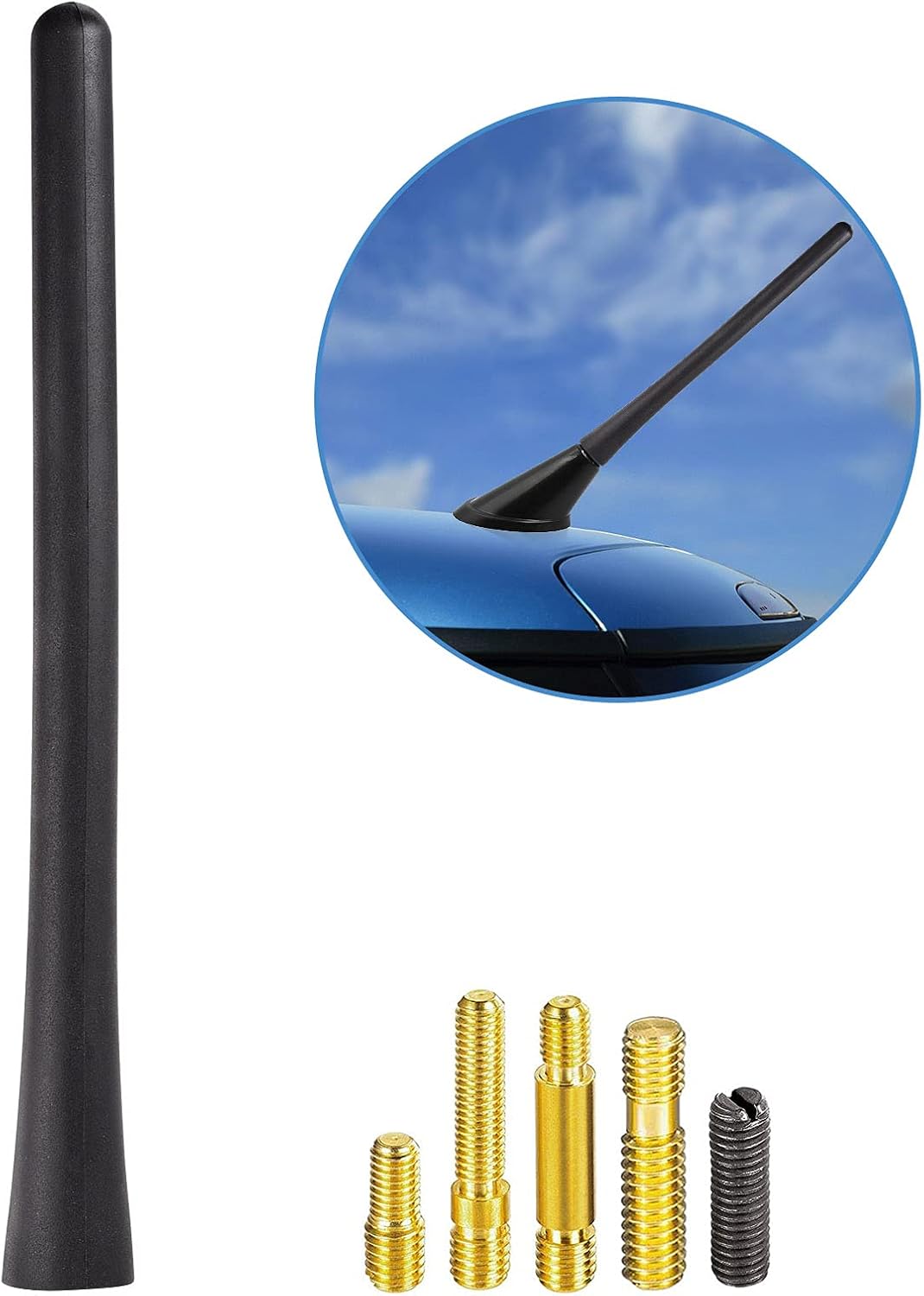 Quick installation guide: selecting the correct screw adapter and hand-tightening the 16cm antenna onto the vehicle's roof base