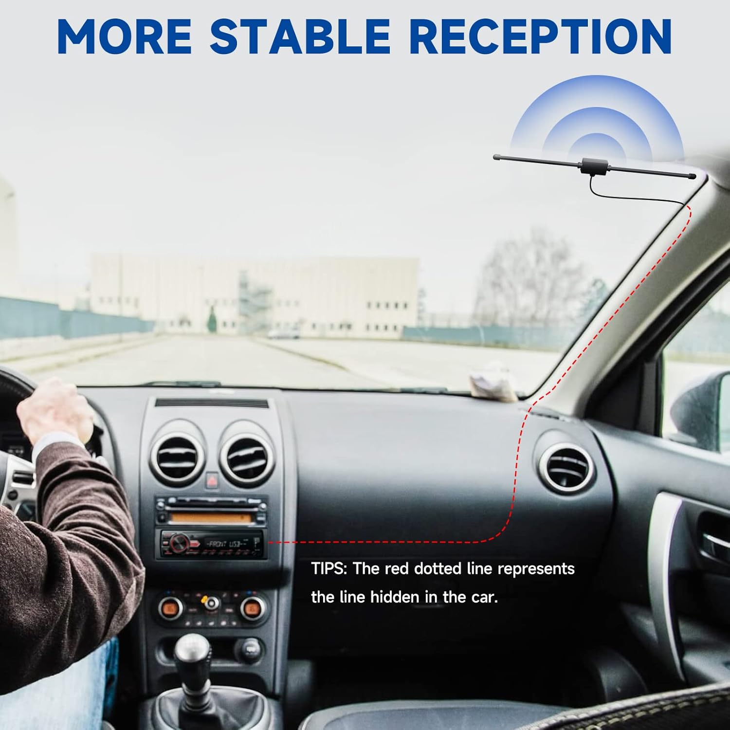 Simple installation guide: cleaning the windshield, peeling off the 3M tape, and sticking the antenna to the upper corner of the glass