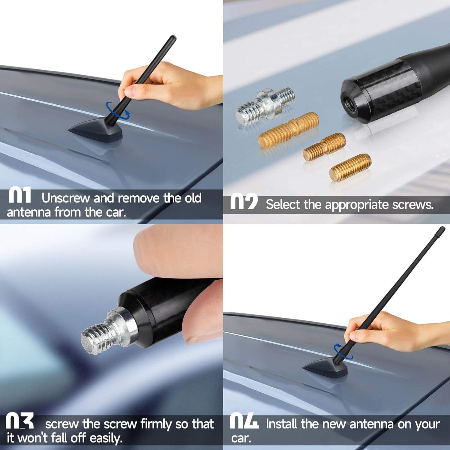 Simple screw-in installation showing the antenna being hand-tightened onto the vehicle's roof antenna base