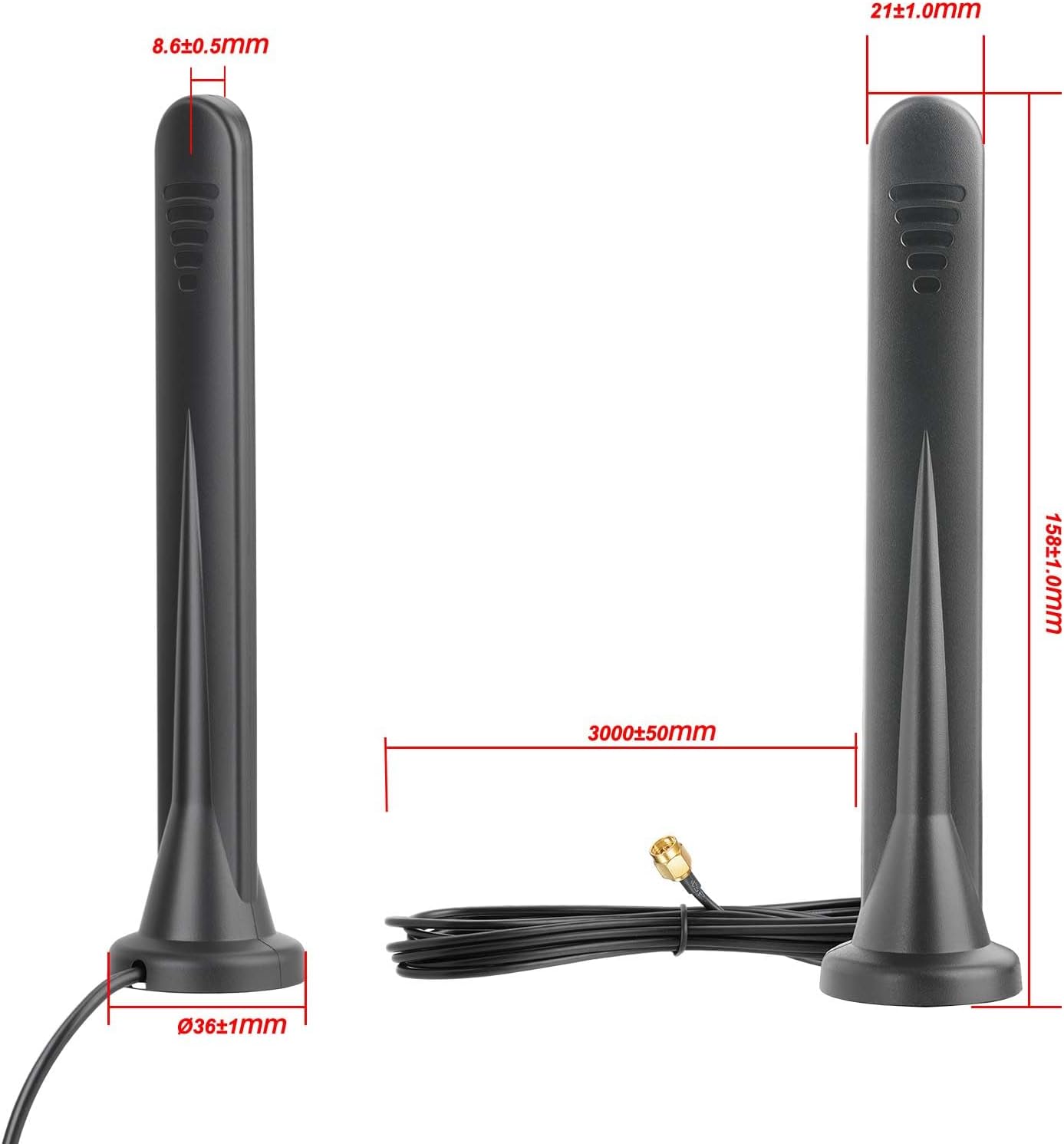 Size specifications for Bingfu magnetic antenna: 158mm height and 10ft (3m) length RG174 cable
