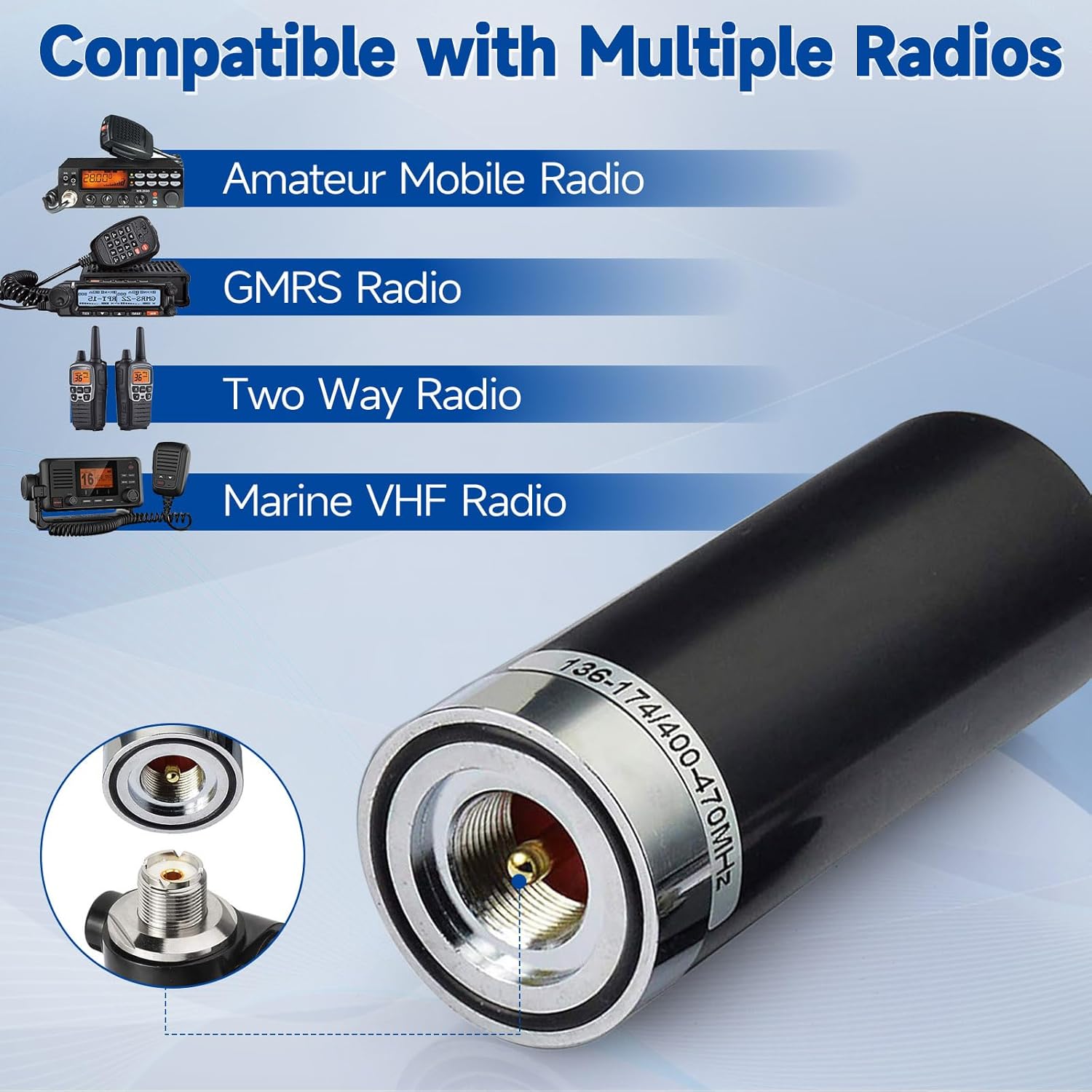 Standard PL259 male connector detail, compatible with mobile radio base stations and antennas