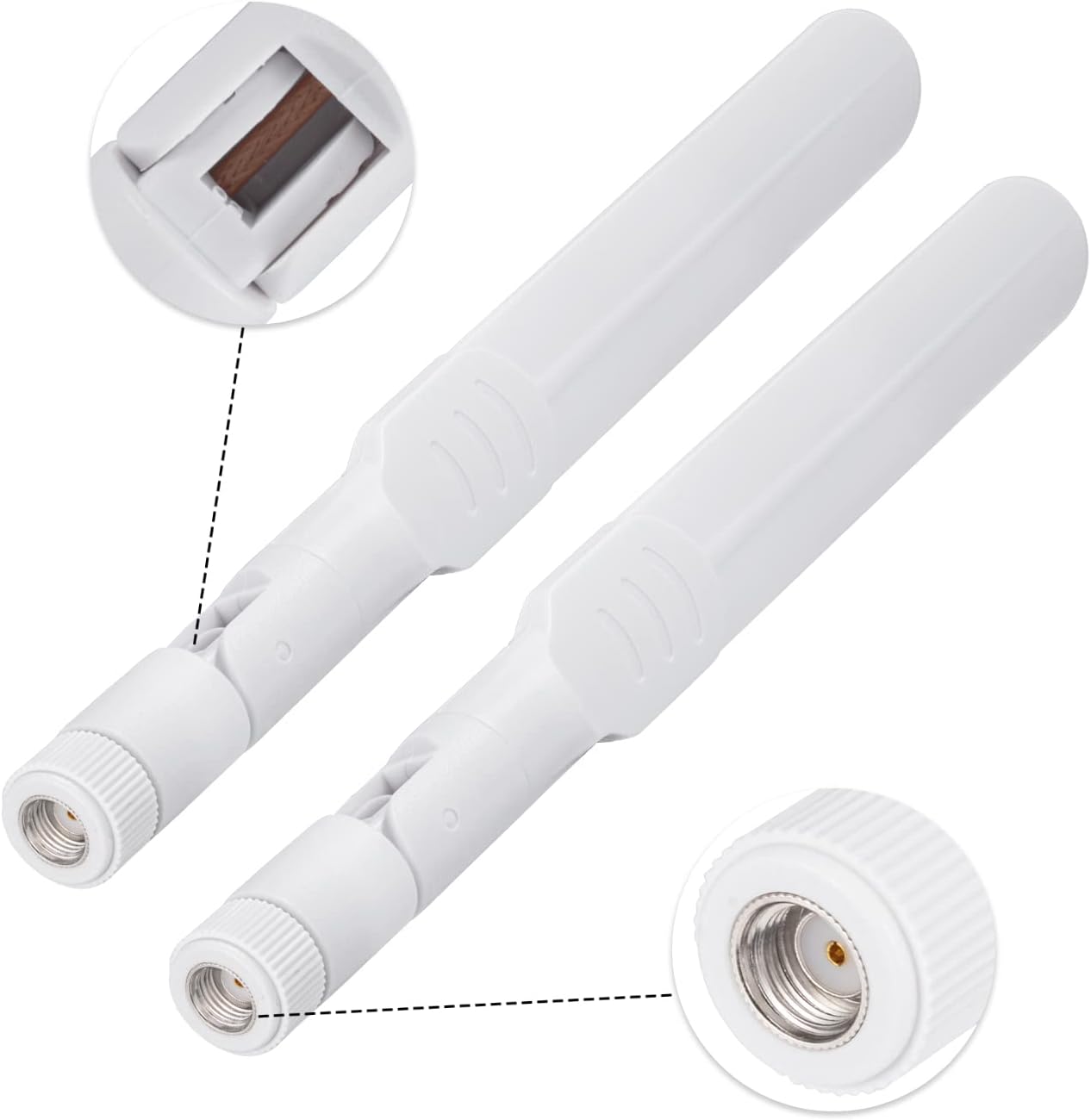 Standard RP-SMA Male connector with white casing, featuring internal threads and a center hole