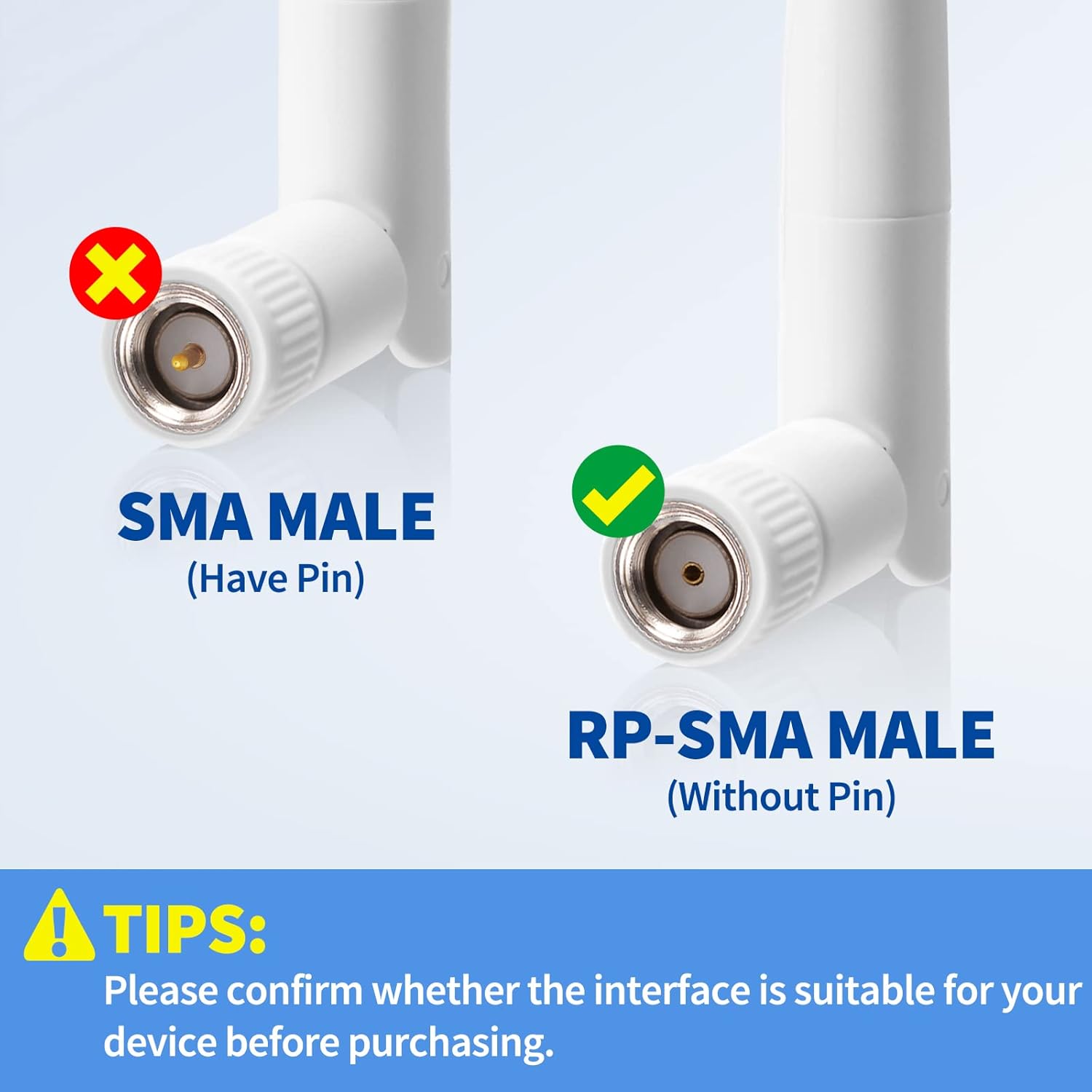 Standard RP-SMA Male connector with white casing, featuring internal threads and a center hole