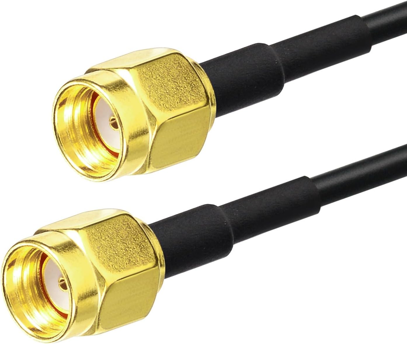 Standard RP-SMA Male connectors (inner thread with center pin) with gold-plating for maximum conductivity
