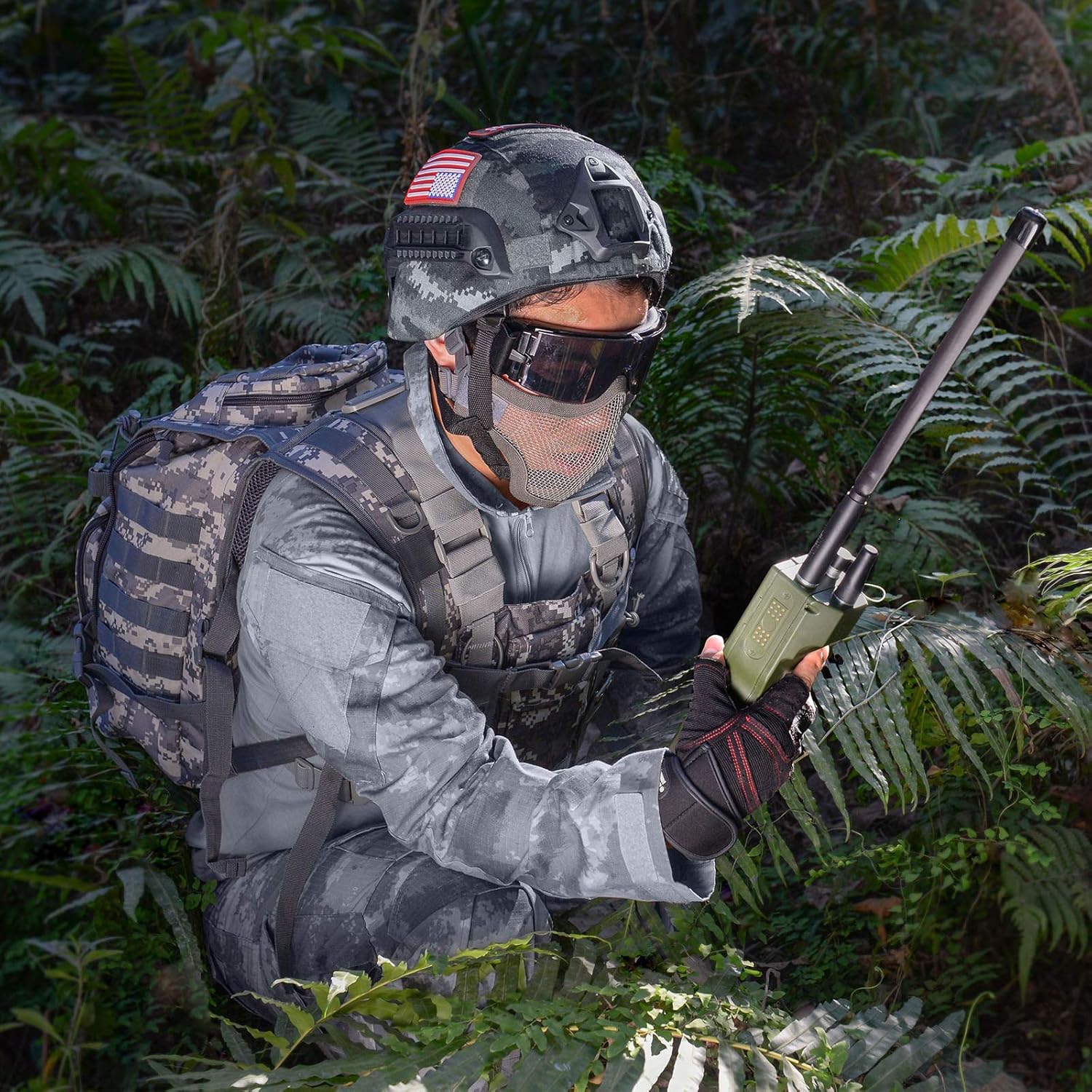 Tactical antenna being used in outdoor settings (camping, hiking, or field operations) for reliable long-range comms