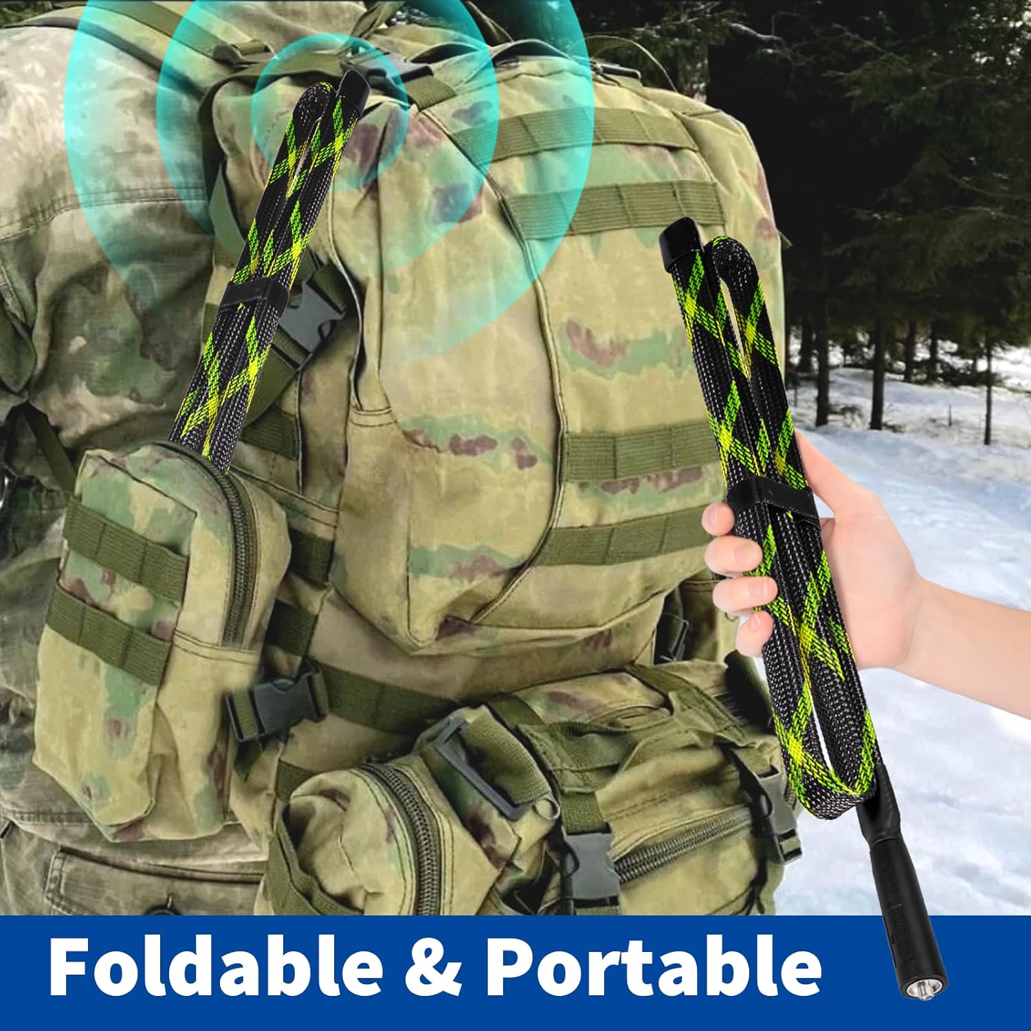 Tactical antenna used during outdoor hiking and field operations, blending into the camouflage environment