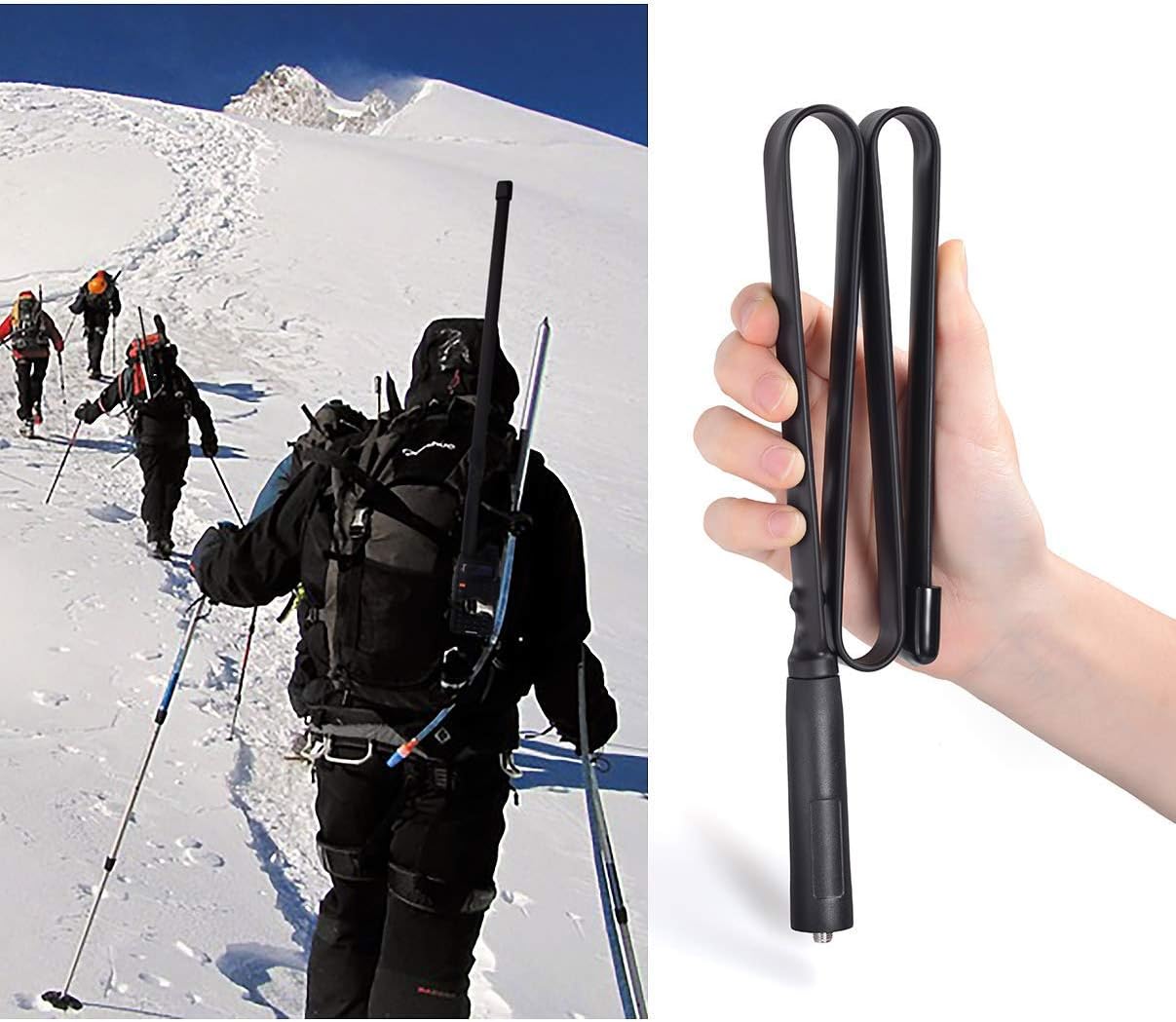 Tactical antenna used in field operations and outdoor survival, showing flexibility and extended range