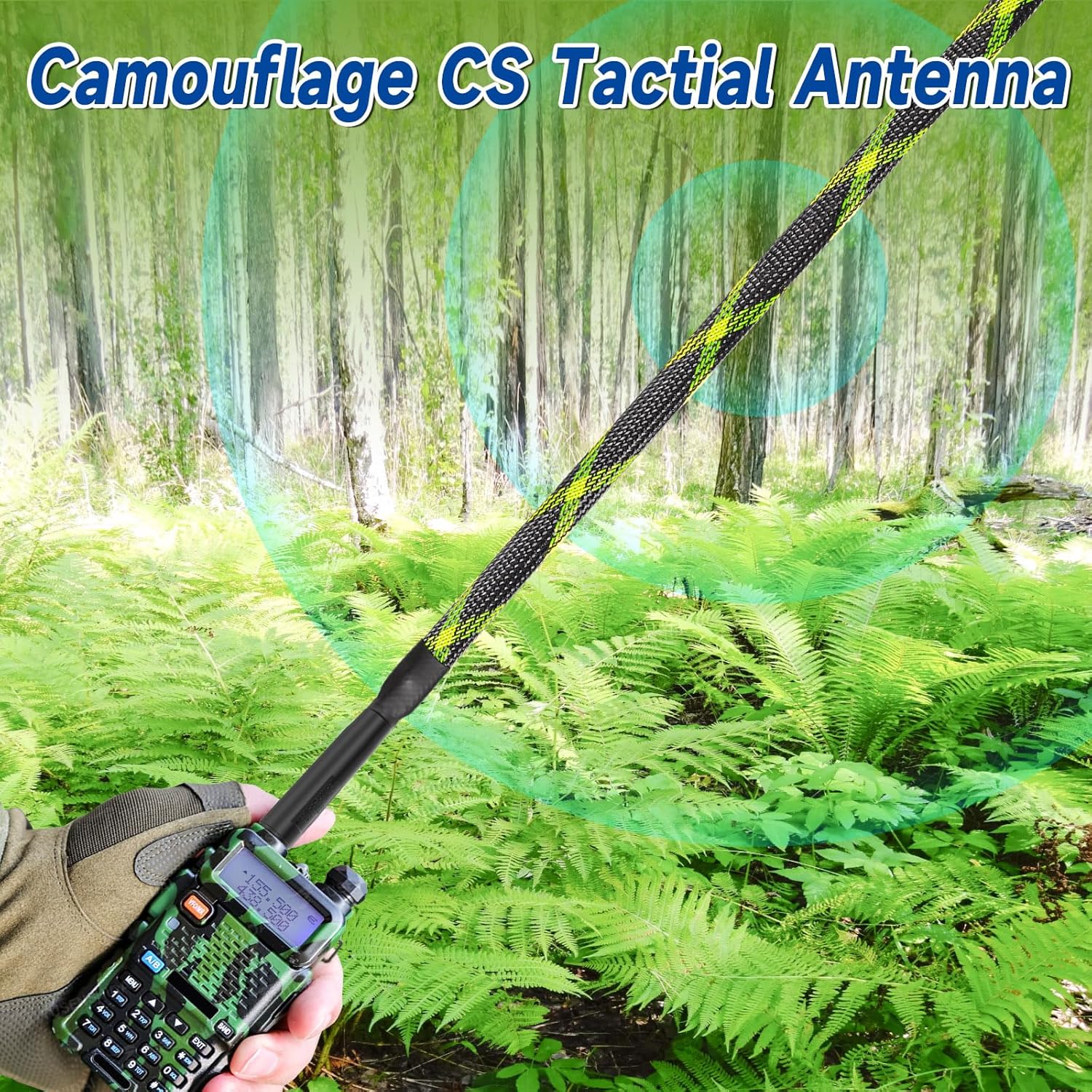 Tactical operator in the woods with the Bingfu long antenna folded and secured with the included Velcro strap