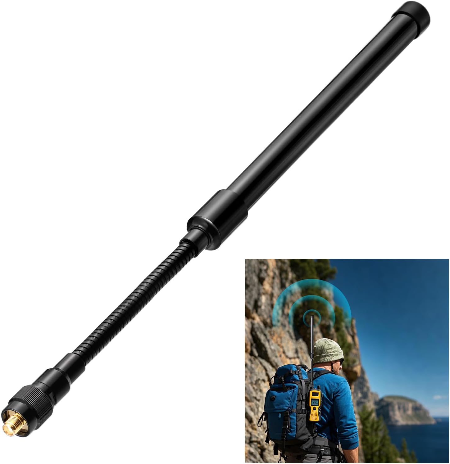 Tactical radio mounted on a vest with the gooseneck antenna bent to a perfect angle to avoid obstructions