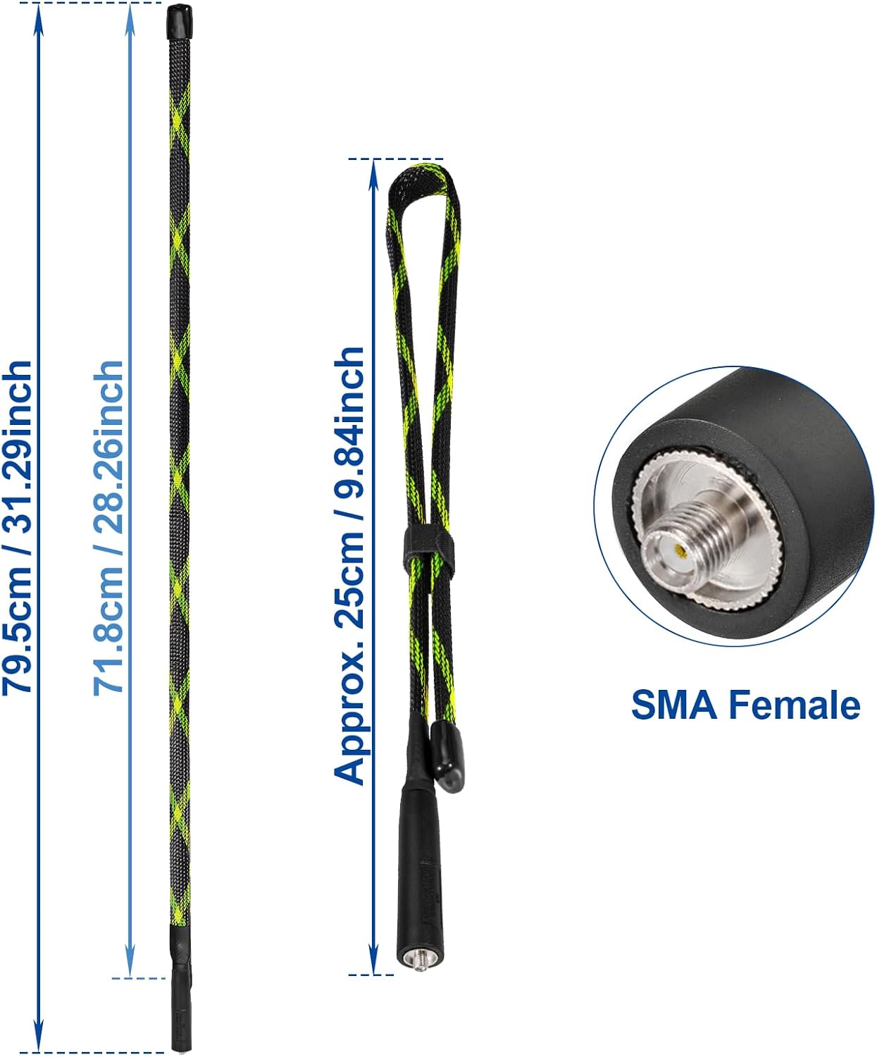 Technical diagram detailing the 79.5cm length and the flexible folding structure