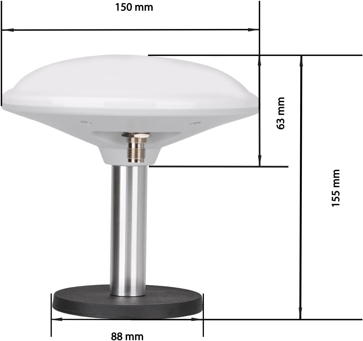 Technical diagram detailing the antenna dimensions and mounting specifications