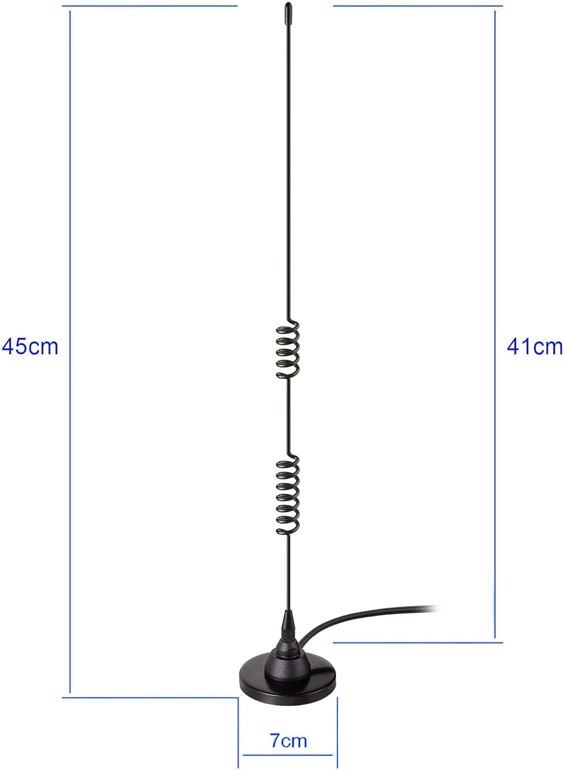 Technical diagram detailing the height of the antenna and the diameter of the magnetic base