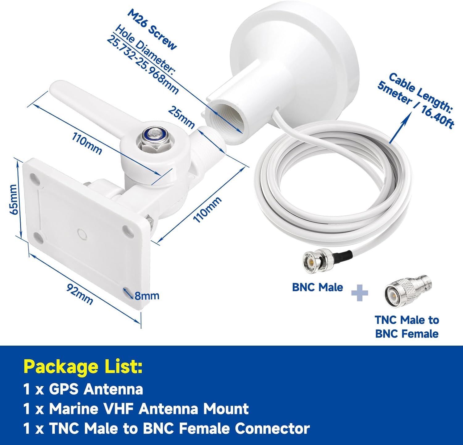 Technical diagram showing antenna dimensions and deck mounting interface specifications
