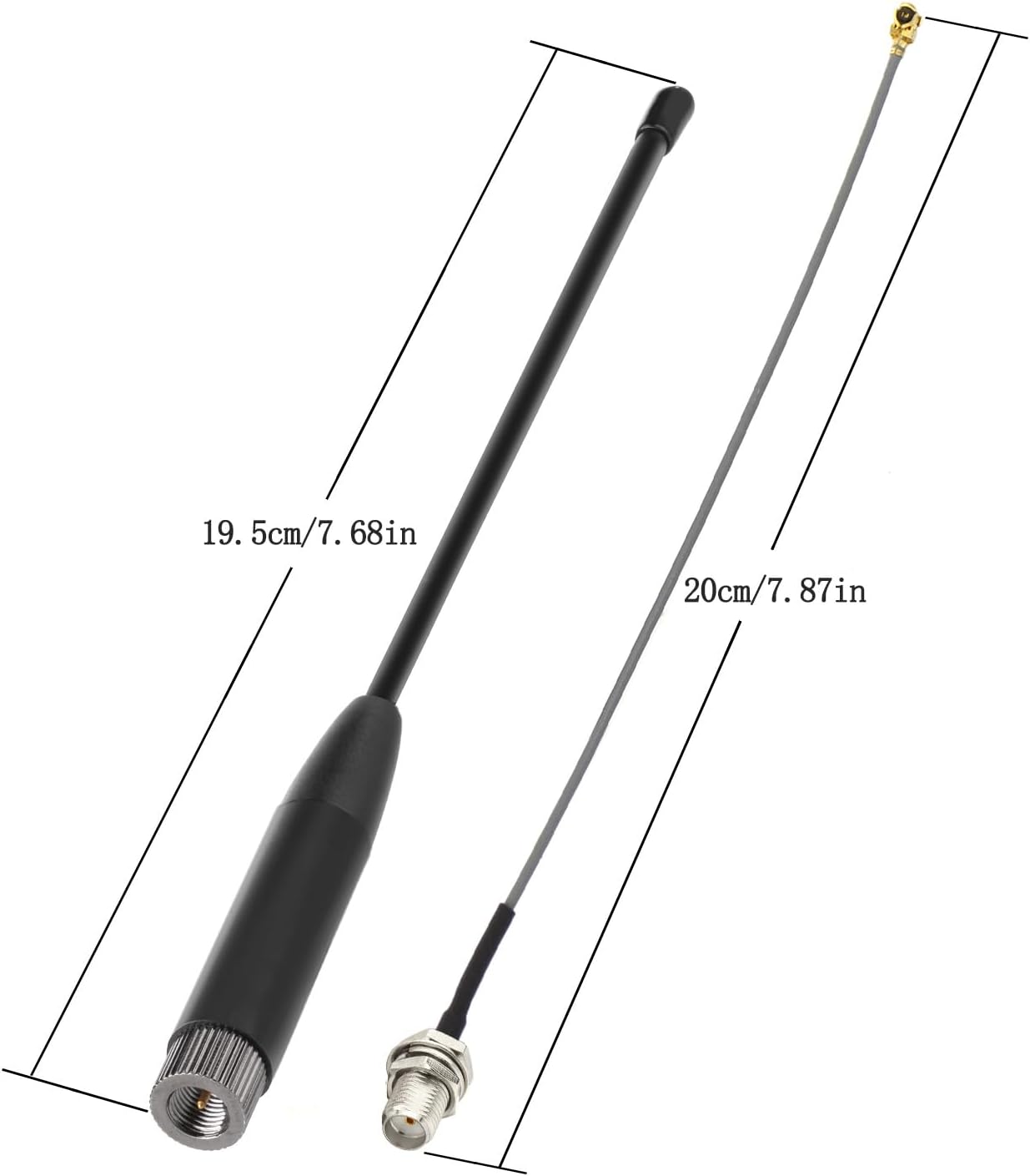 Technical diagram showing the 7.68-inch length and SMA base dimensions