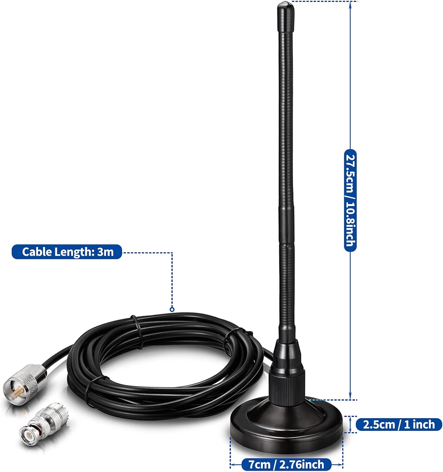 Technical diagram showing the antenna height, whip flexibility, and base diameter