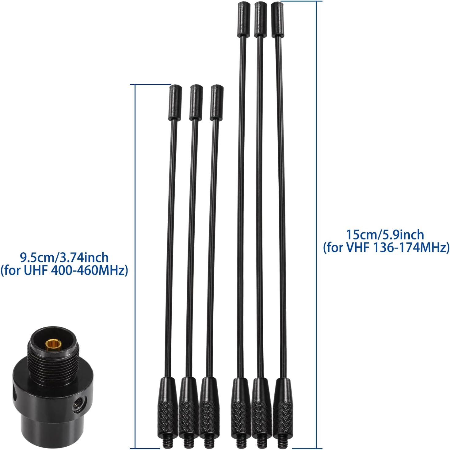 Technical diagram showing the antenna length and the diameter of the magnetic mount/ground plane assembly