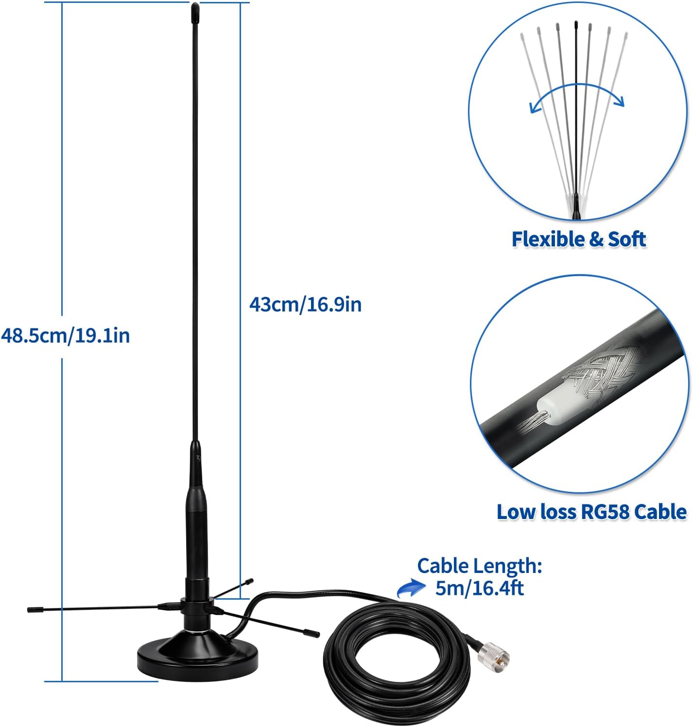 Technical diagram showing the length of the antenna whip and the spread diameter of the ground planes