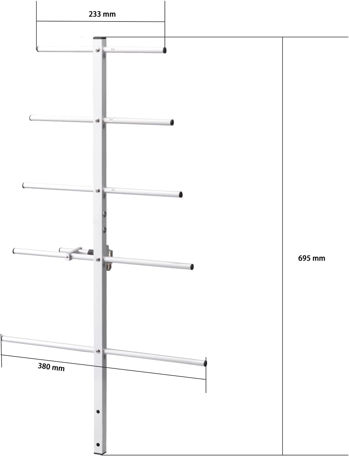 Technical diagram showing the lightweight 5-element configuration and total antenna length