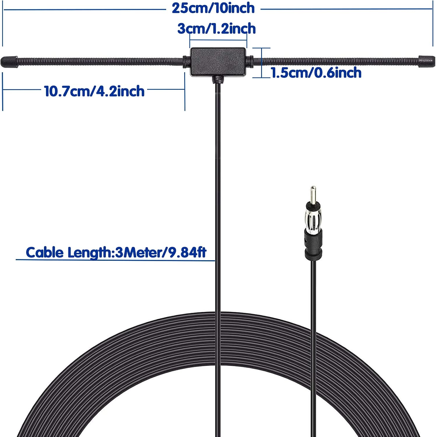 Technical diagram showing the slim antenna dimensions and the 3-meter (118-inch) long coaxial extension cable for flexible routing