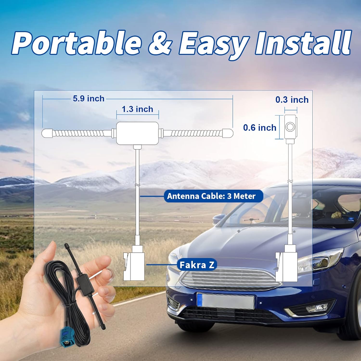 Technical diagram showing the ultra-slim antenna dimensions and the 3m (10ft) cable length for easy routing throughout the vehicle