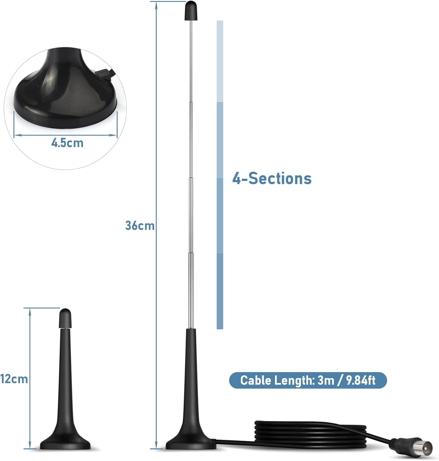 Technical drawing showing the 3m (9.8ft) cable length, the adjustable telescopic sections, and the compact magnetic base diameter