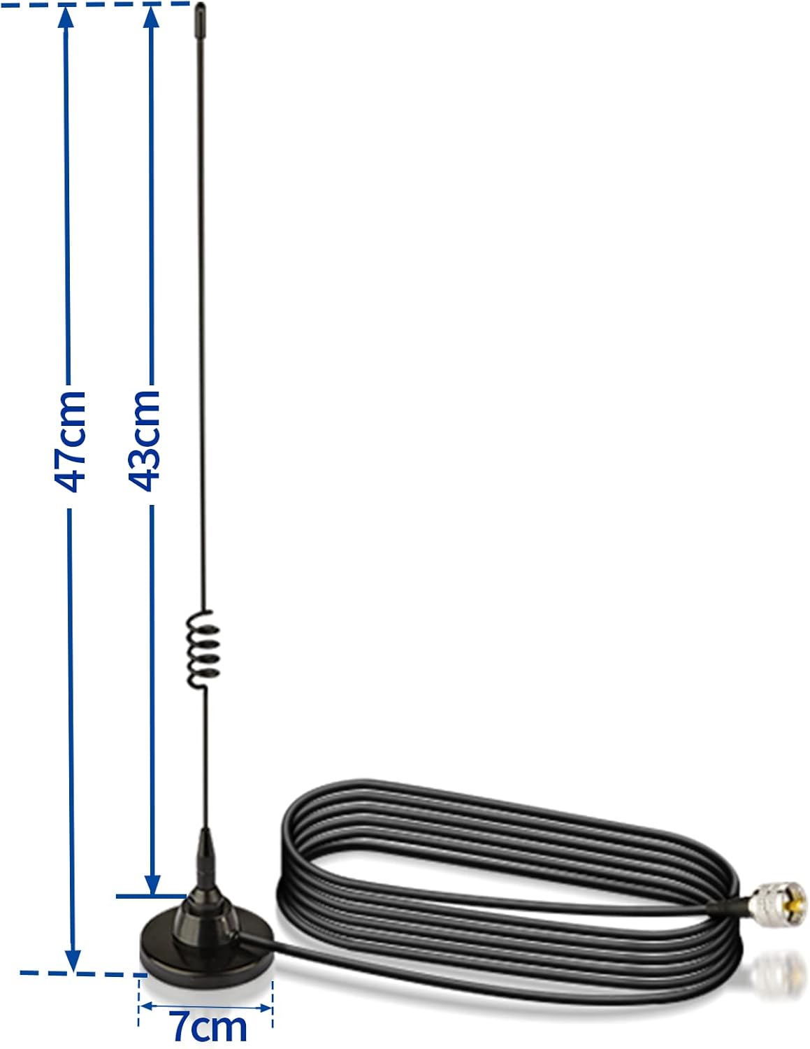 Technical layout showing the total antenna length, base diameter, and cable length specifications