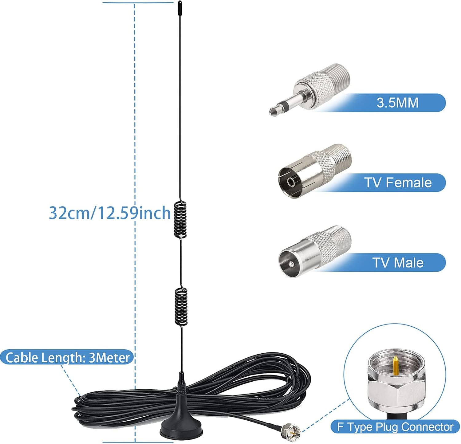 Technical spec diagram showing the 3m (9.8ft) cable length, the height of the antenna mast, and the compact diameter of the magnetic base