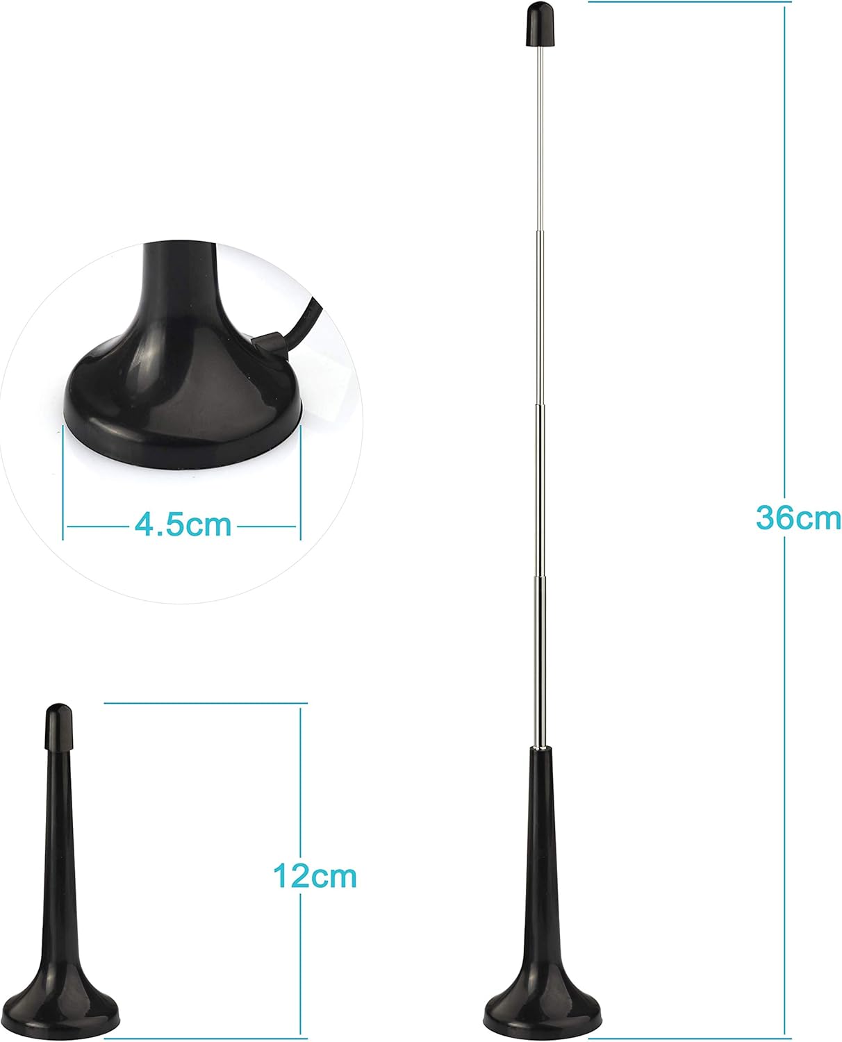 Technical specification diagram showing the 3-meter (10ft) extension cable, the adjustable antenna length, and the AM loop dimensions