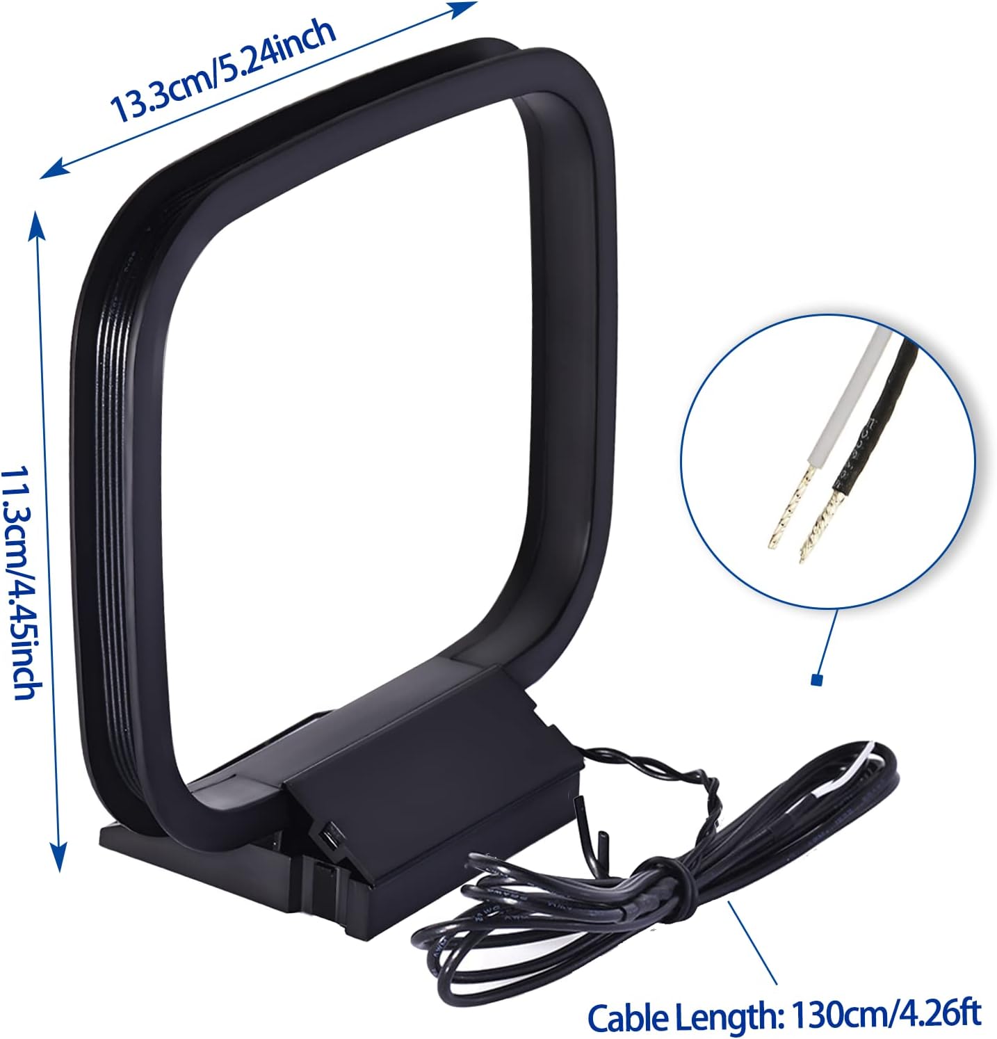 Technical specification diagram showing the foldable antenna dimensions and the 1.3-meter (4.26ft) lead cable length