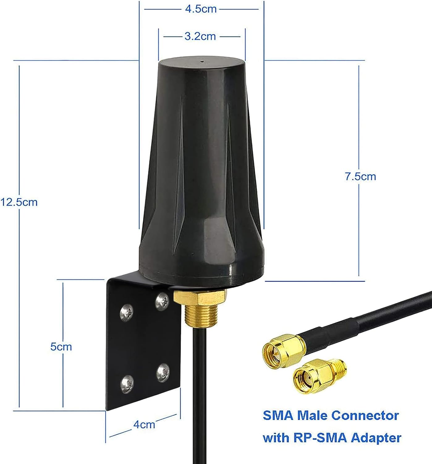 Technical specs: Bingfu TON00662 antenna height, bracket hole spacing, and cable length