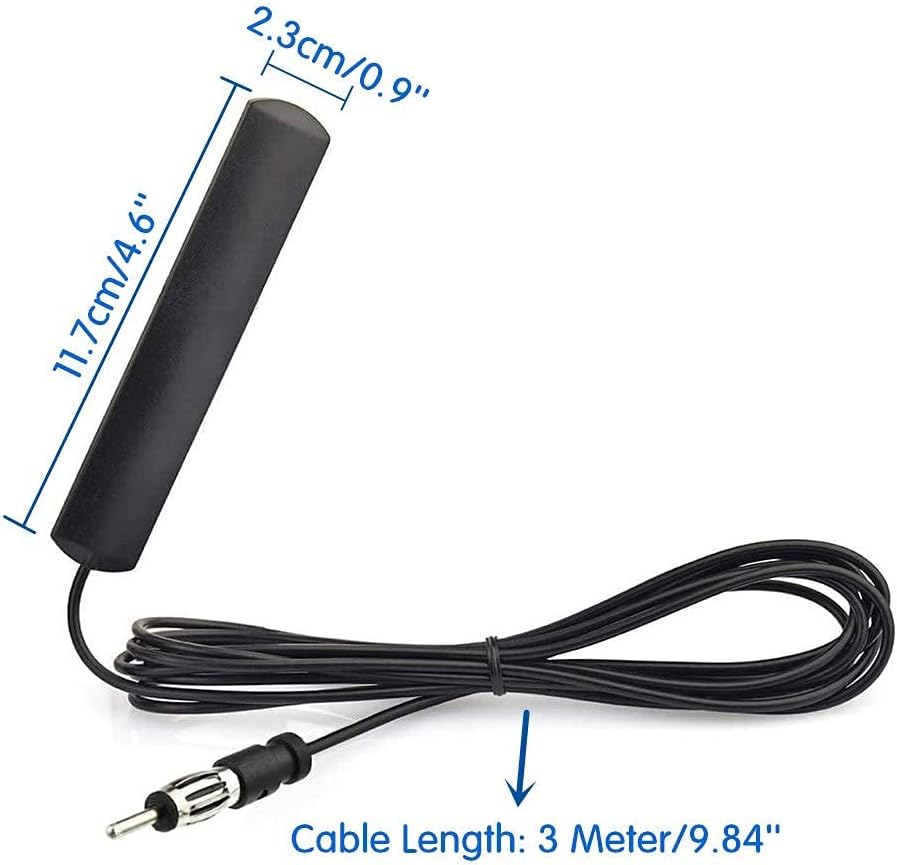 Technical specs chart showing the 11.5cm antenna length and the 3m (10ft) long cable for flexible routing throughout the vehicle