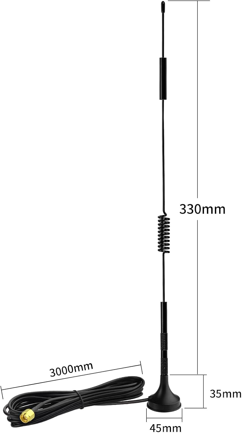 Technical specs of Bingfu TON00708: 5dBi antenna height, base diameter, and 3m extension cable
