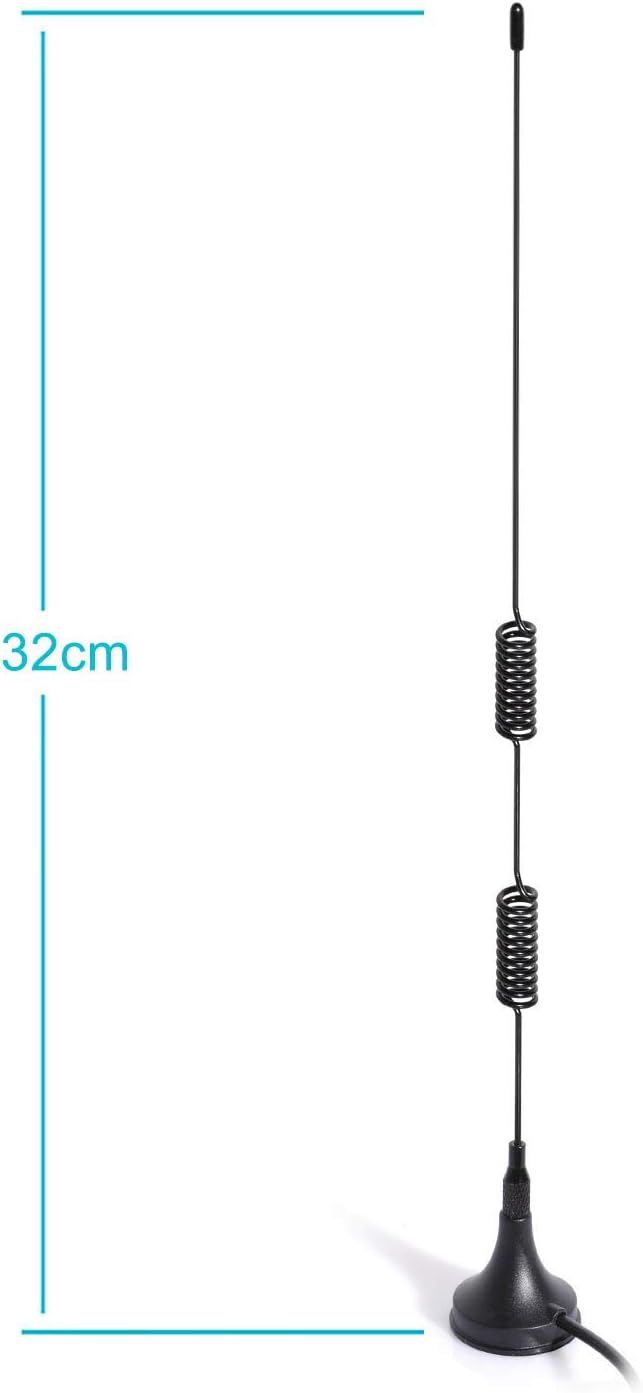 Technical specs showing the antenna height, the 3m (9.8ft) cable length, and the compact diameter of the magnetic base