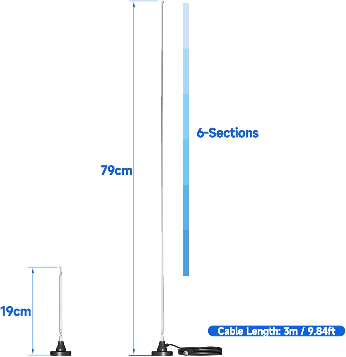 Technische Datenzeichnung mit 3m Kabellänge, 4,8cm Basisdurchmesser und der variablen Antennenhöhe bis 75,5cm