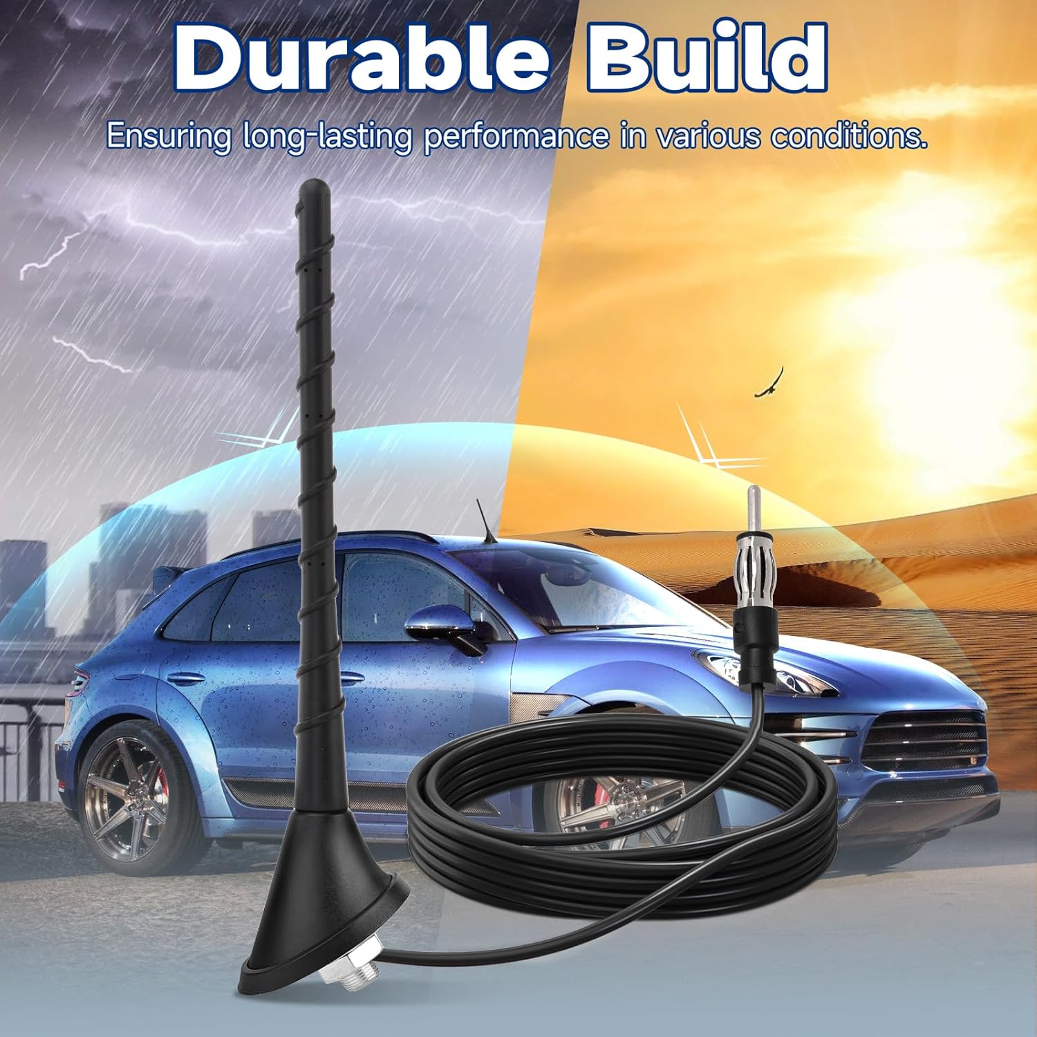 The Bingfu antenna installed on a marine boat and a heavy-duty truck, highlighting its versatility in extreme weather conditions