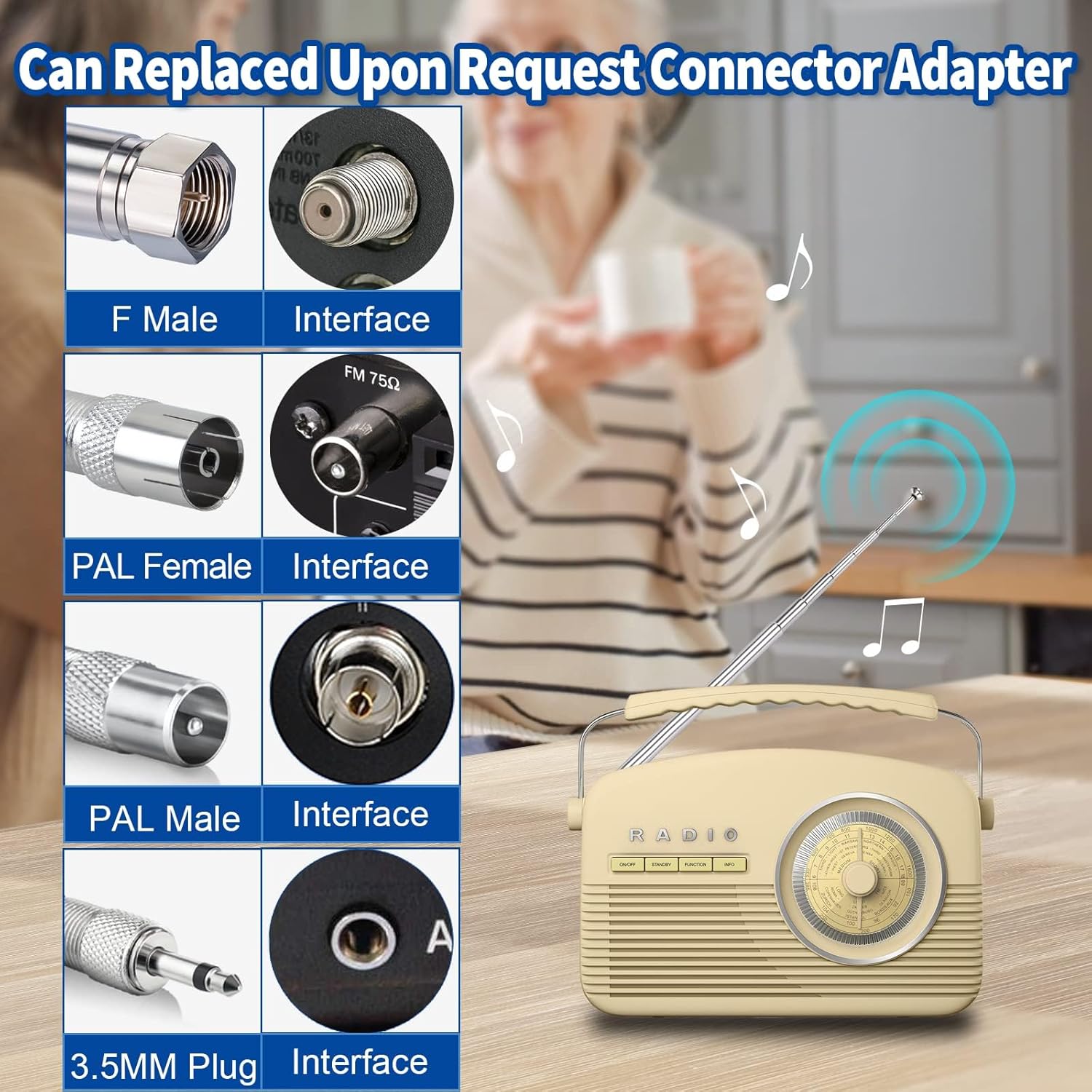 etailed view of the 3 included metal adapters: F-female to PAL male, PAL female, and 3.5mm plug, covering 99% of stereo brands