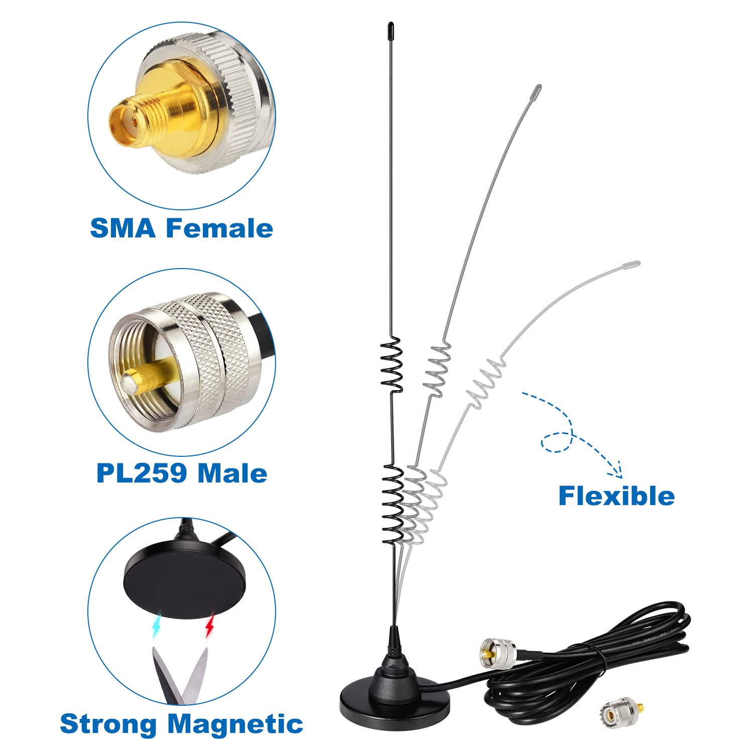 Bingfu Mobile Ham Radio Antenna Dual Band VHF UHF 136-174MHz 400-520MHz Amateur Radio Antenna Magnetic Base PL259 Male Antenna for BTECH ICOM Kenwood Midland Yaesu TYT AnyTone Mobile Ham Radio