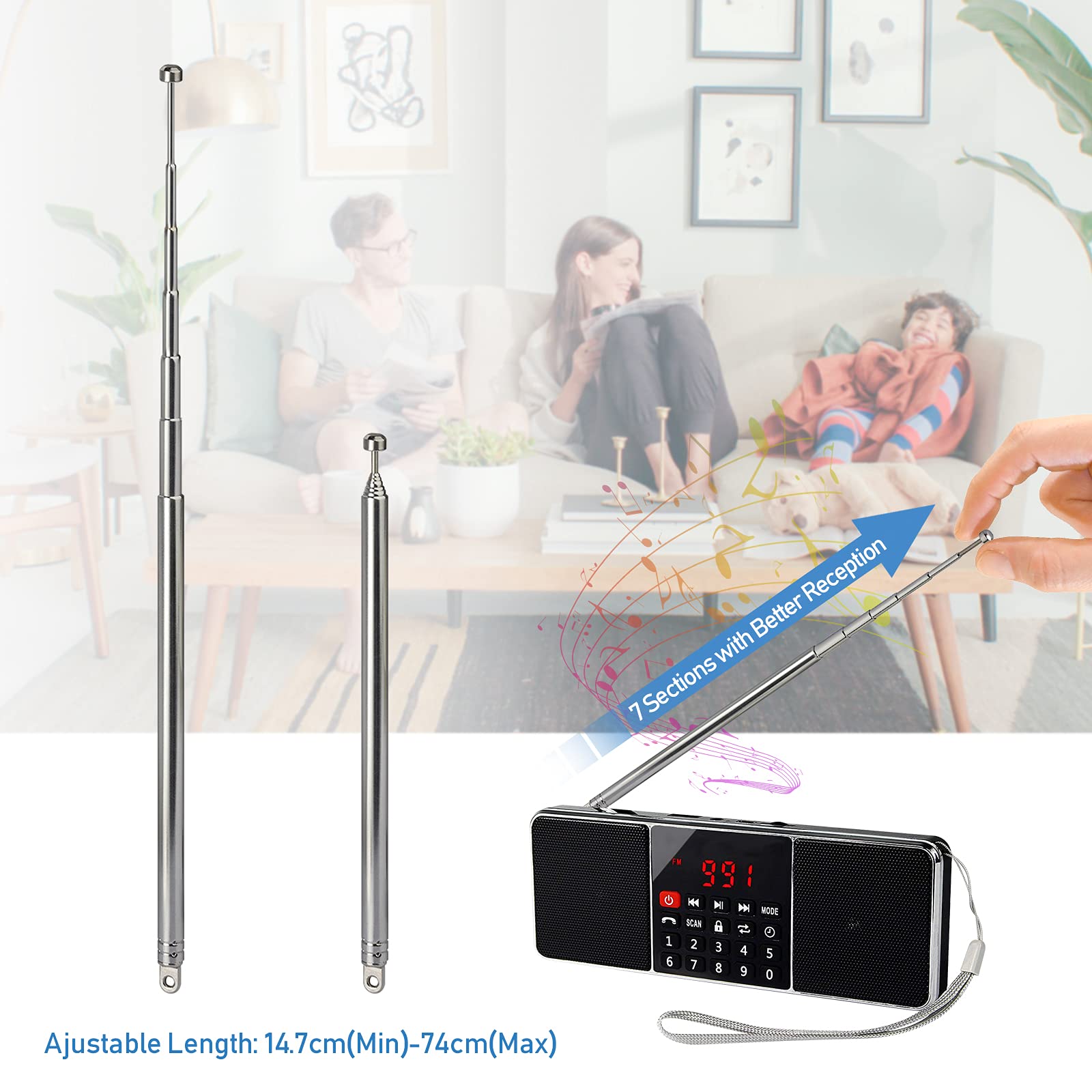 Bingfu 7 Sections Telescopic 74cm AM FM Antenna Portable Radio Antenna Replacement (2-Pack) Compatible with Indoor Portable Radio Home Stereo Receiver AV Audio Vedio Home Theater Receiver TV Tuner