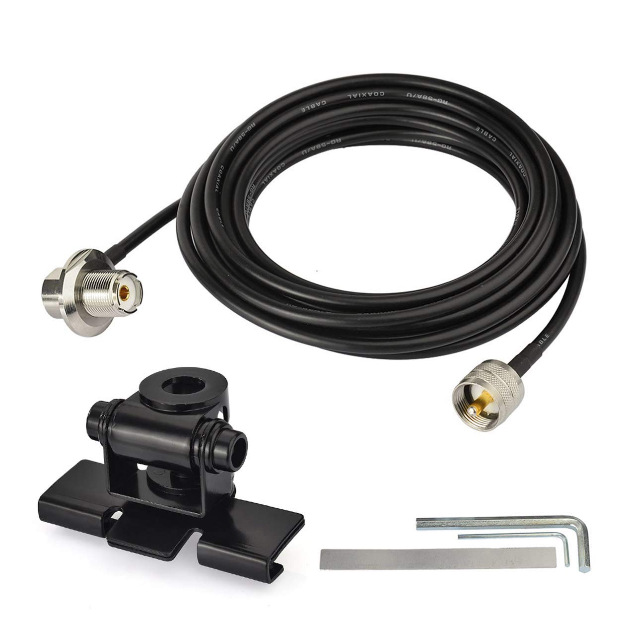 Bingfu low-profile NMO ham radio antenna kit with heavy-duty L-bracket lip mount and 5-meter RG58 coaxial cable.