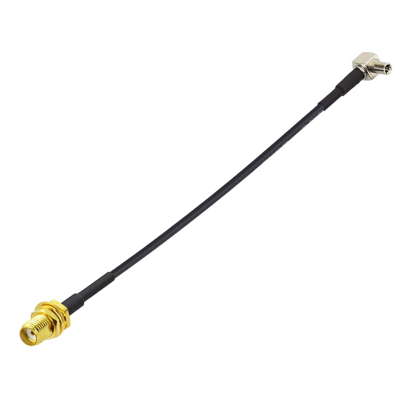 Close-up of RG174 low-loss coaxial cable with gold-plated connectors