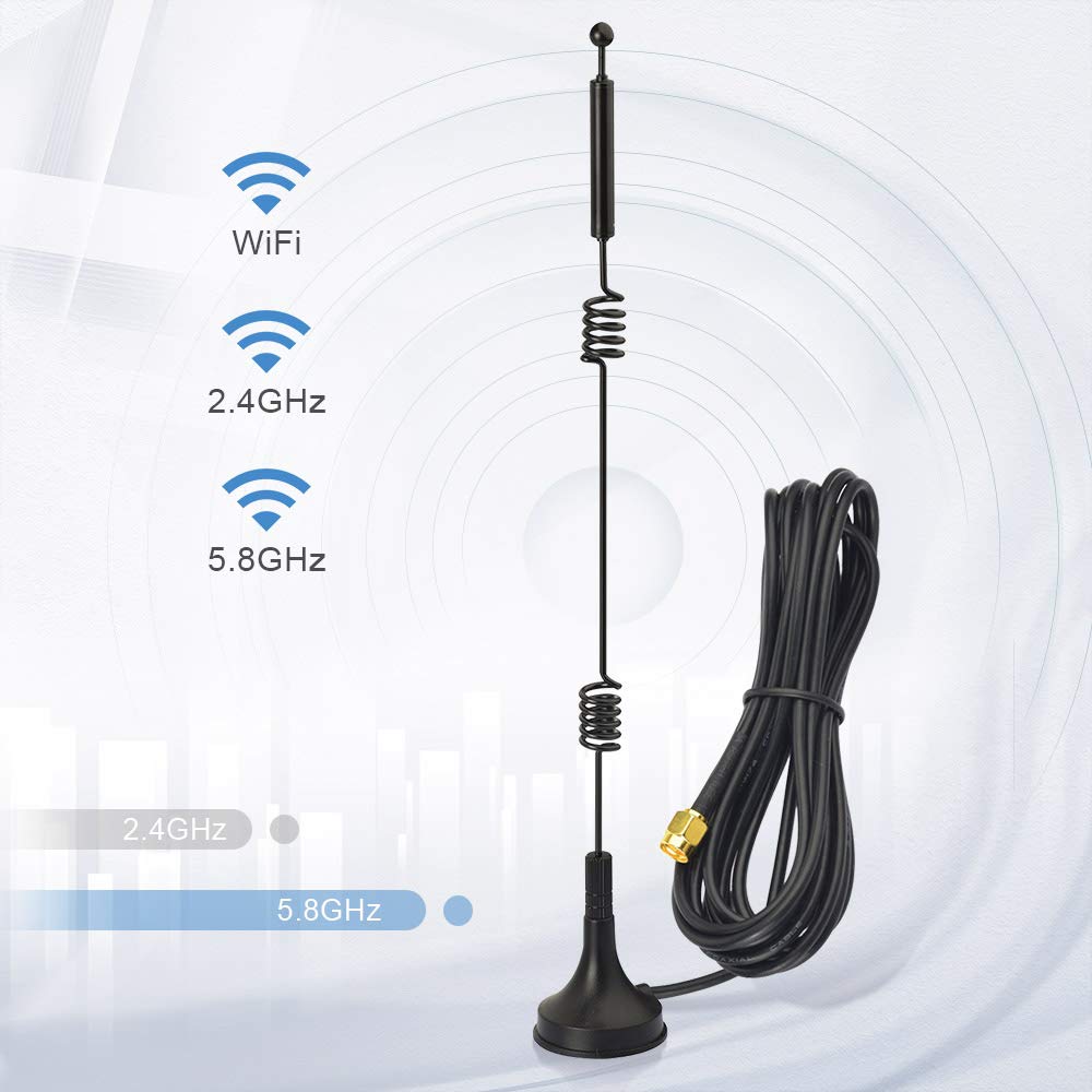 Close-up of the 22cm (8.66 inch) high-performance WiFi antenna masts and the weighted magnetic base for anti-tip stability