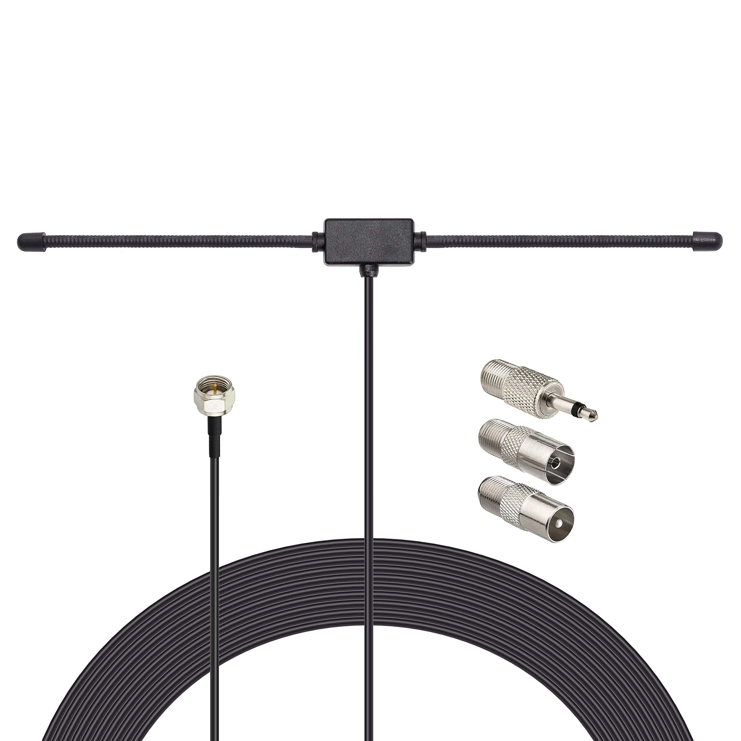 Close-up of the F-type male connector and high-quality flat T-shape dipole wire